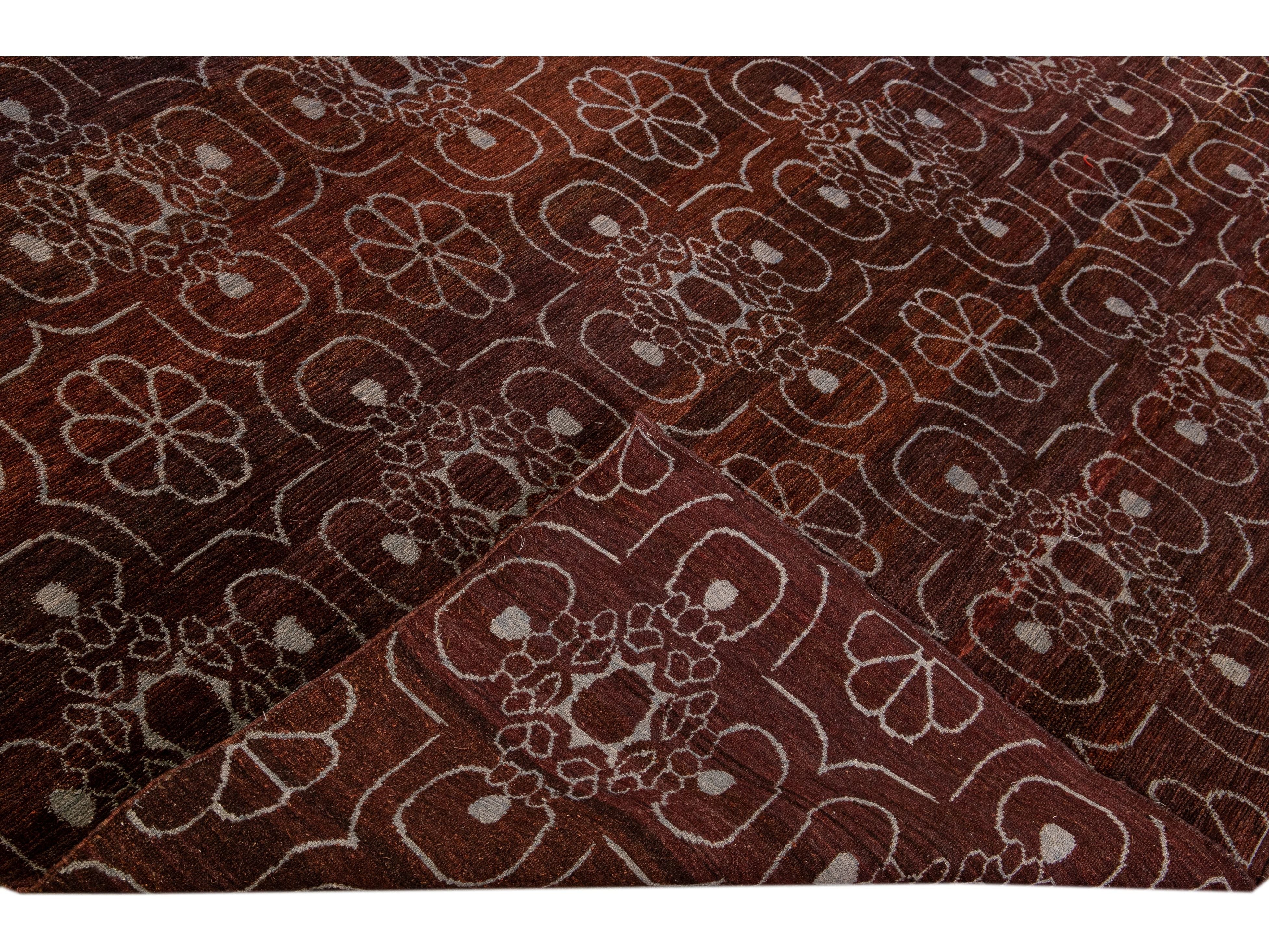 Modern Tibetan Arabesque Style Handmade Burgundy Wool and Silk Rug