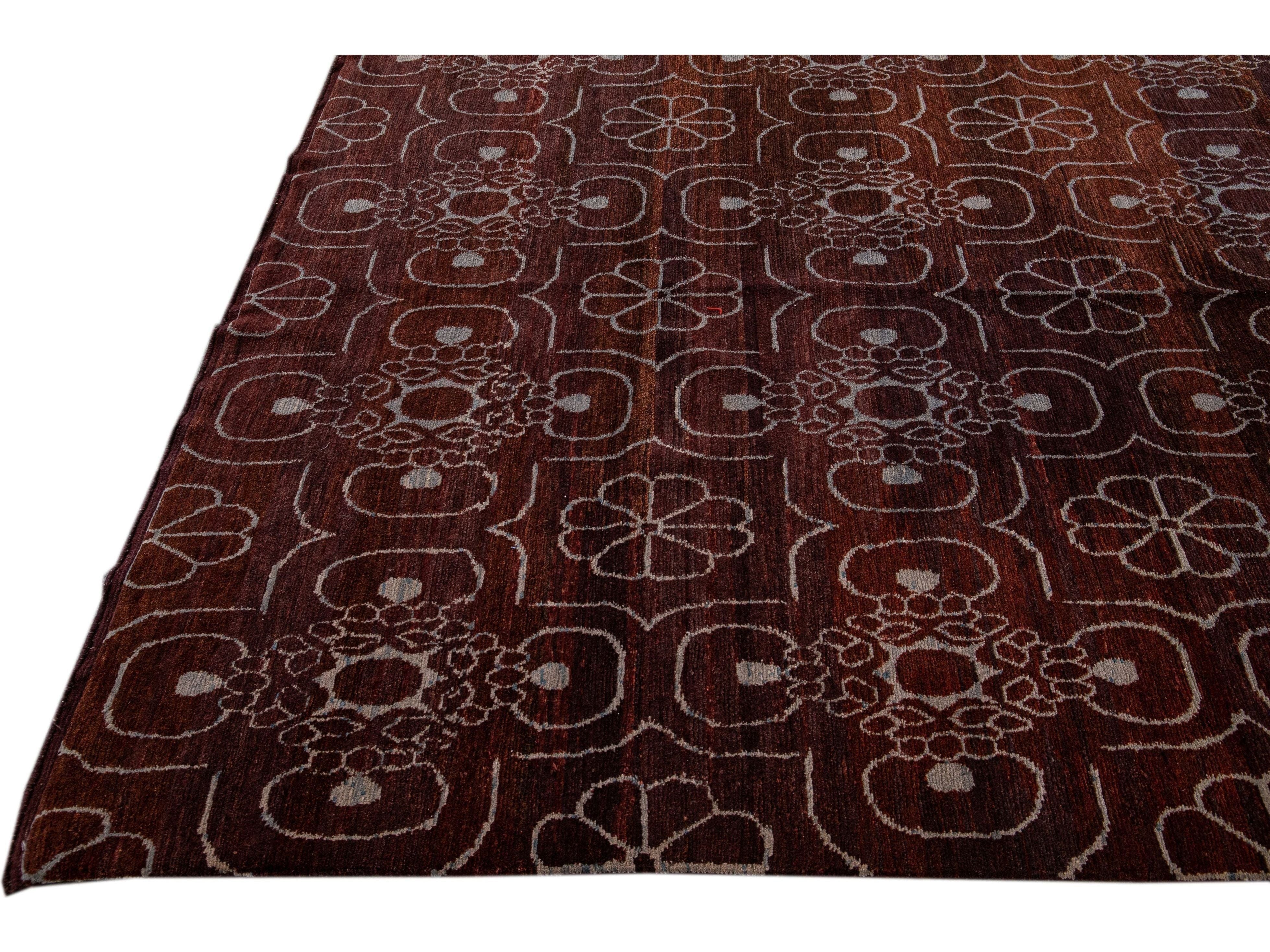 Modern Tibetan Arabesque Style Handmade Burgundy Wool and Silk Rug