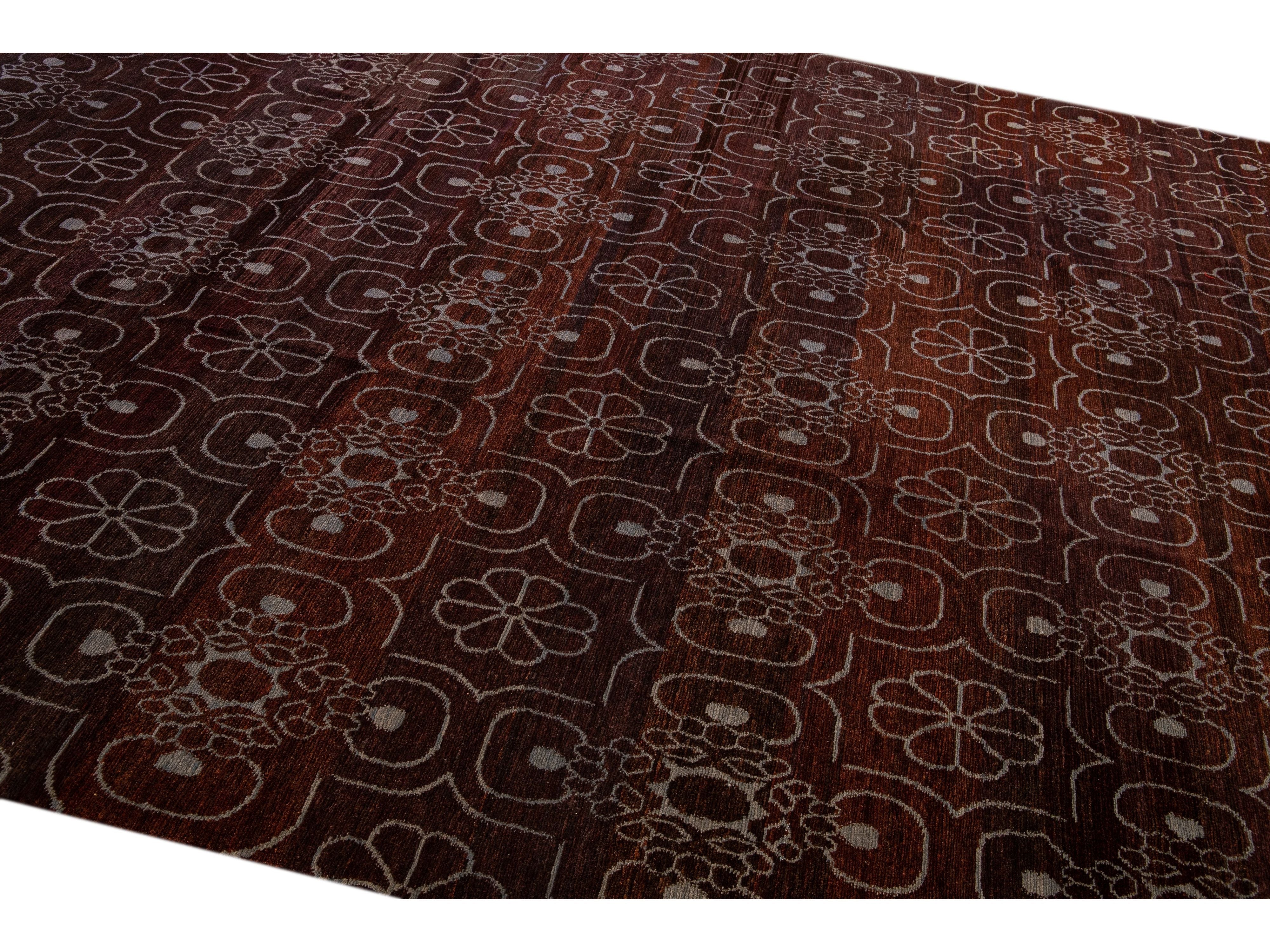 Modern Tibetan Arabesque Style Handmade Burgundy Wool and Silk Rug
