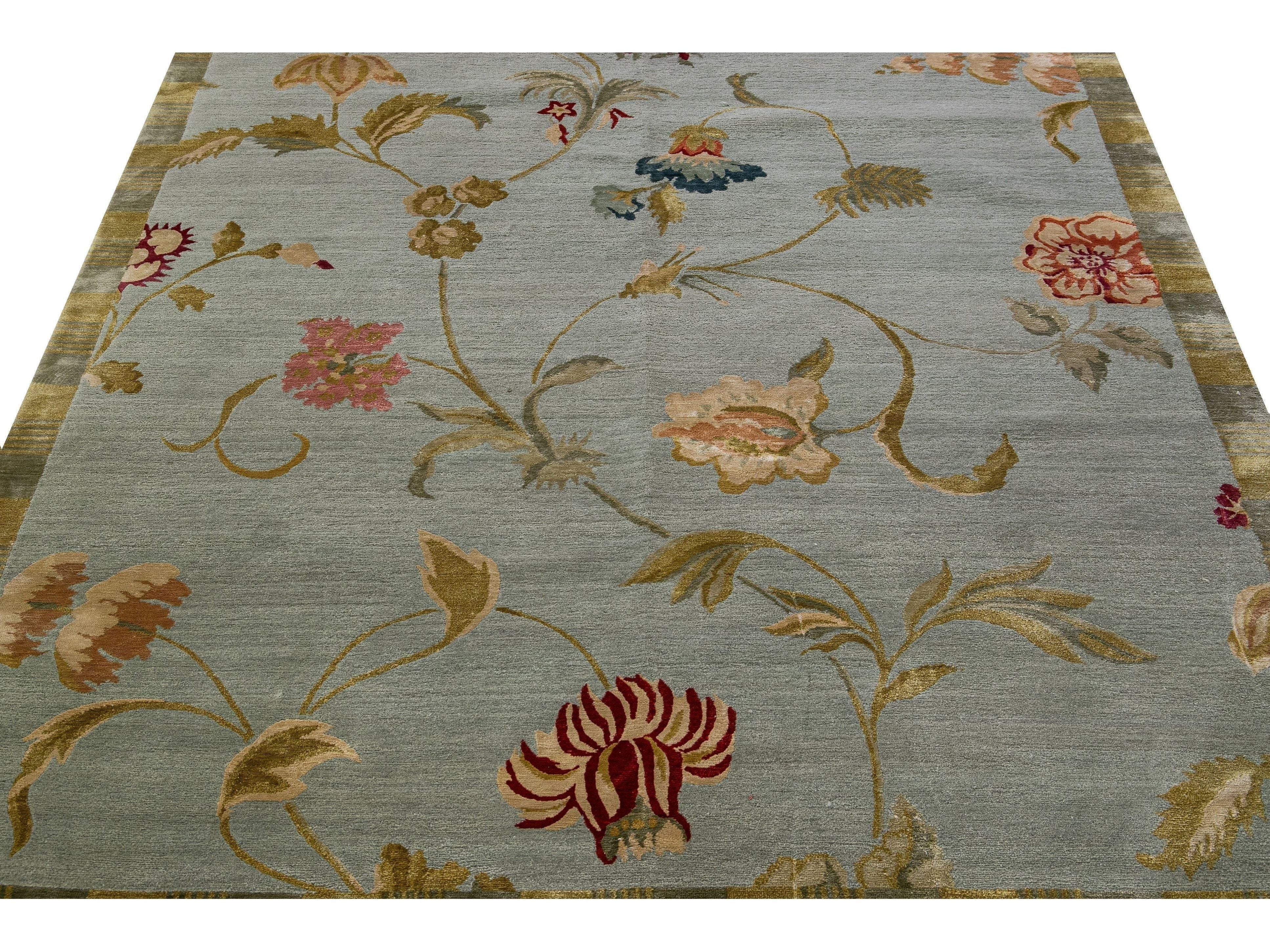 Modern Tibetan Handmade Lyndhurst Floral Pattern Gray Wool and Silk Rug