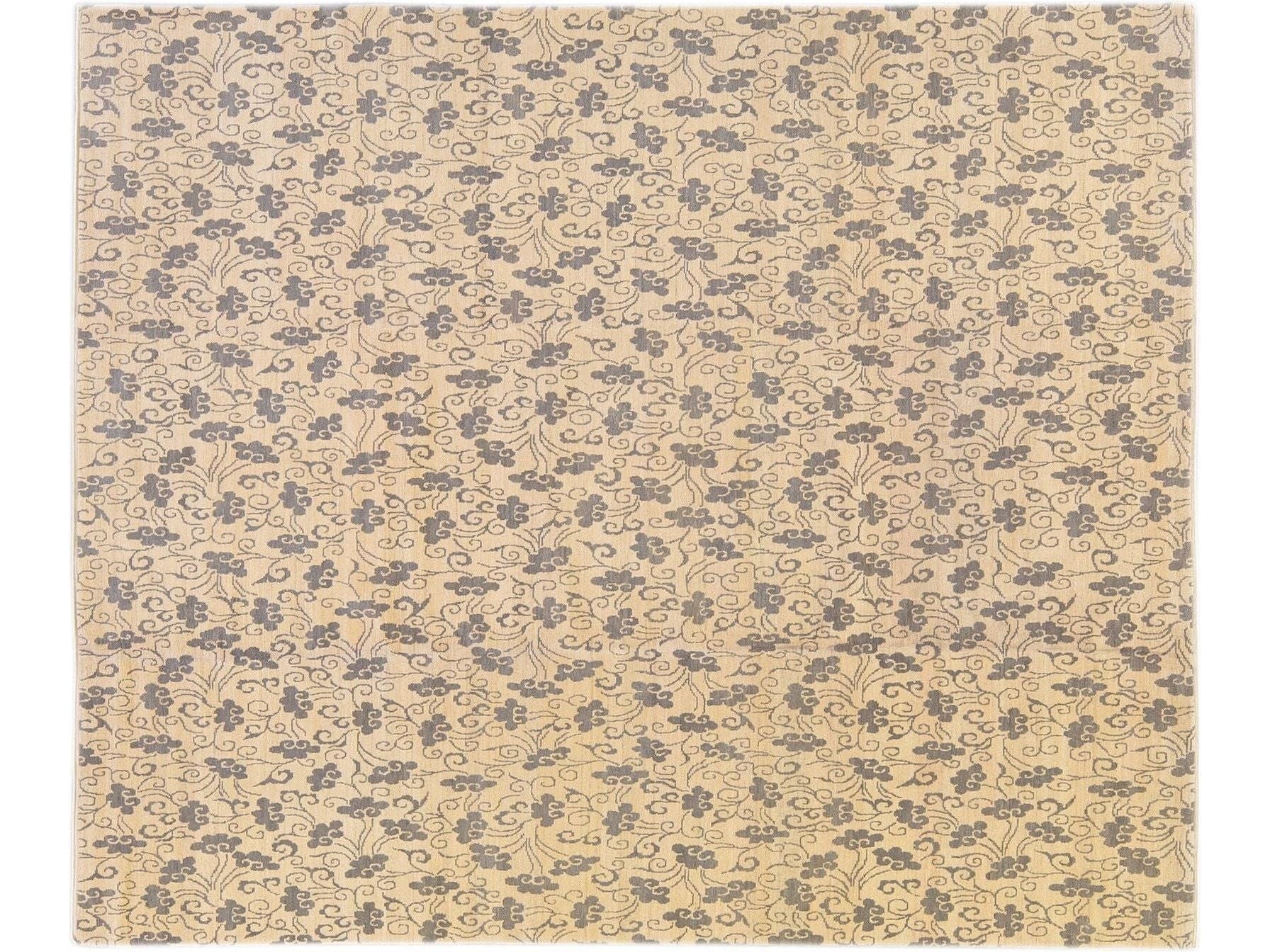 Modern Tibetan Handmade Allover Floral Pattern Beige Wool and Silk Rug