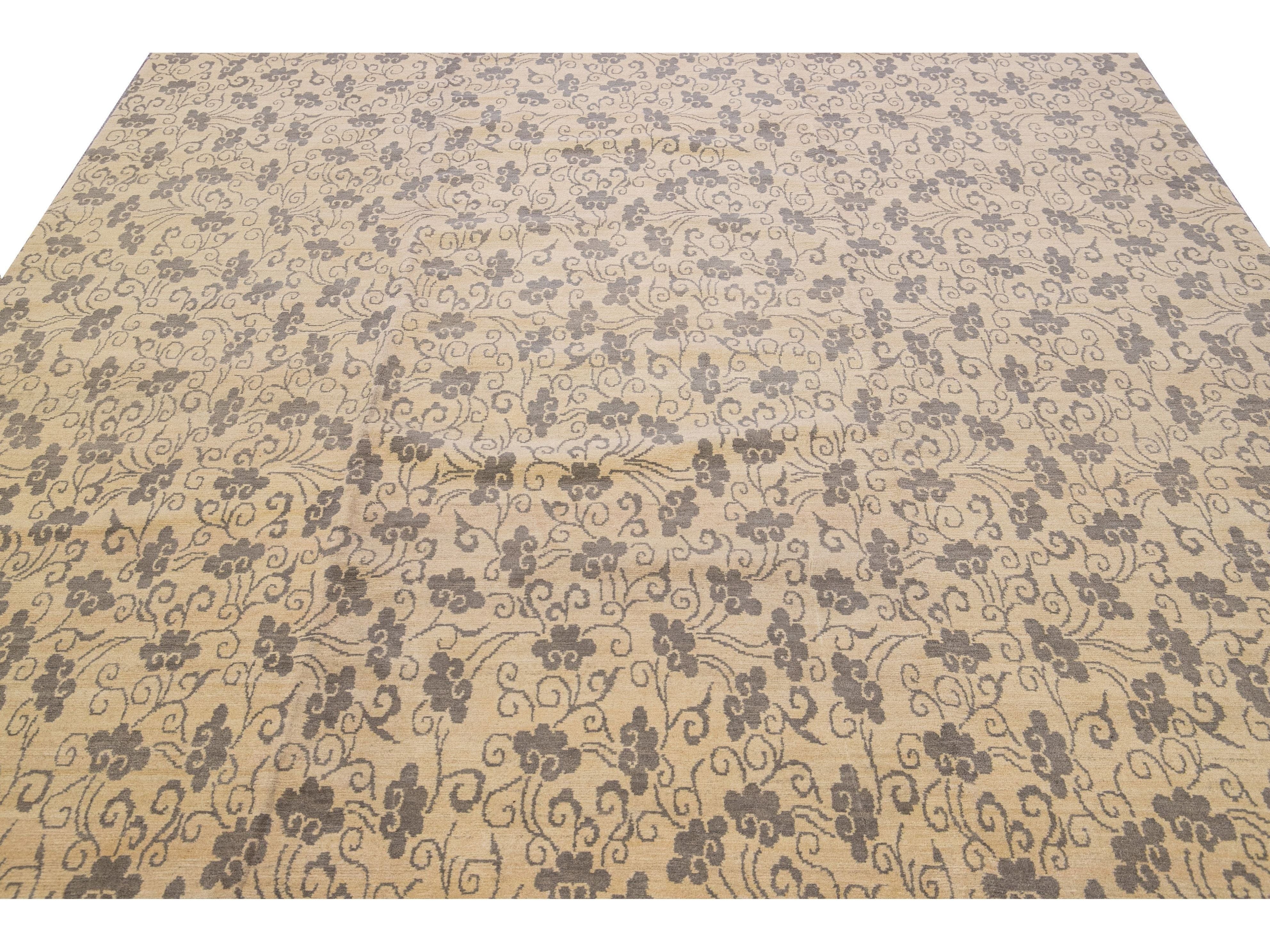 Modern Tibetan Handmade Allover Floral Pattern Beige Wool and Silk Rug
