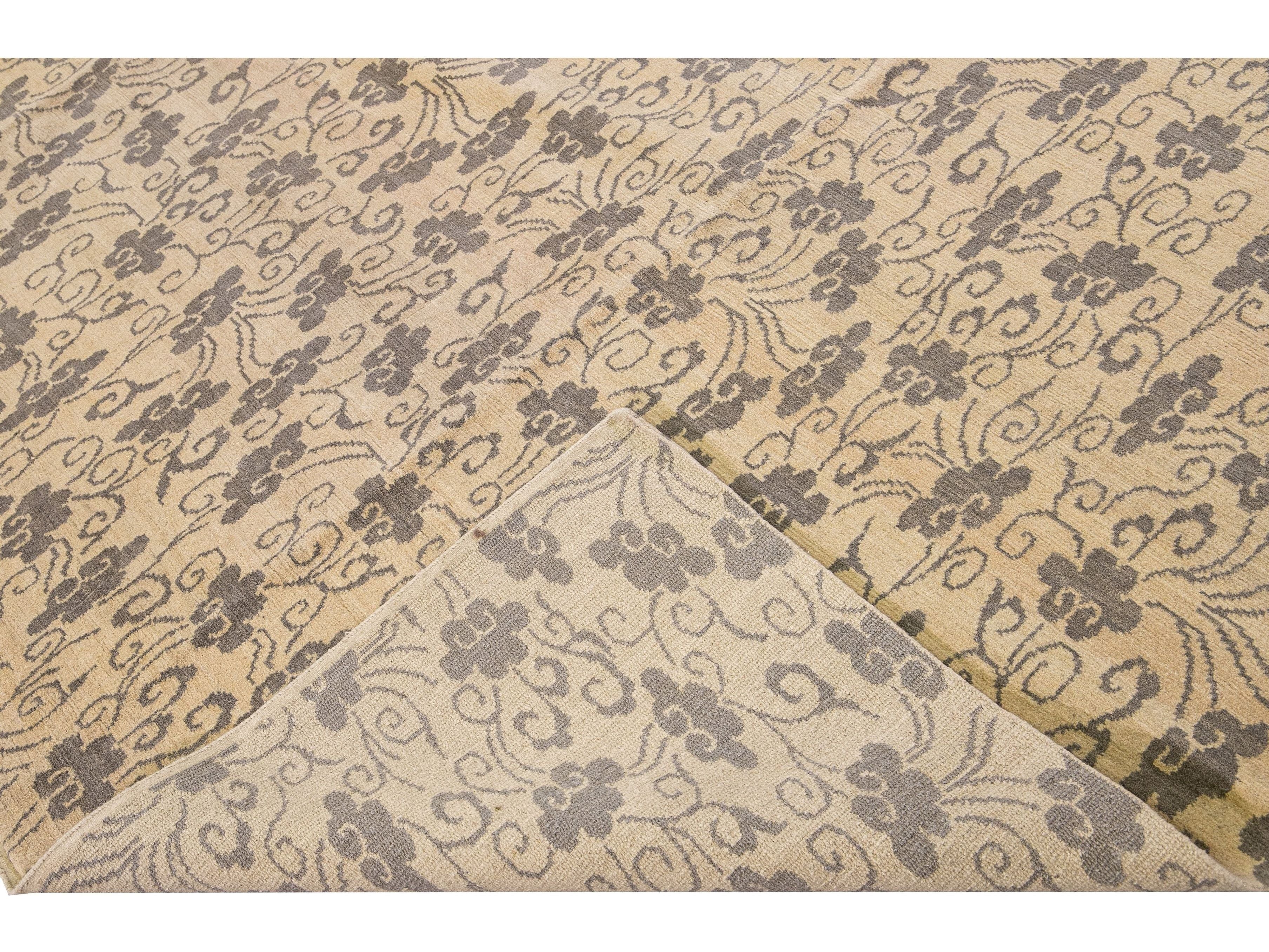 Modern Tibetan Handmade Allover Floral Pattern Beige Wool and Silk Rug