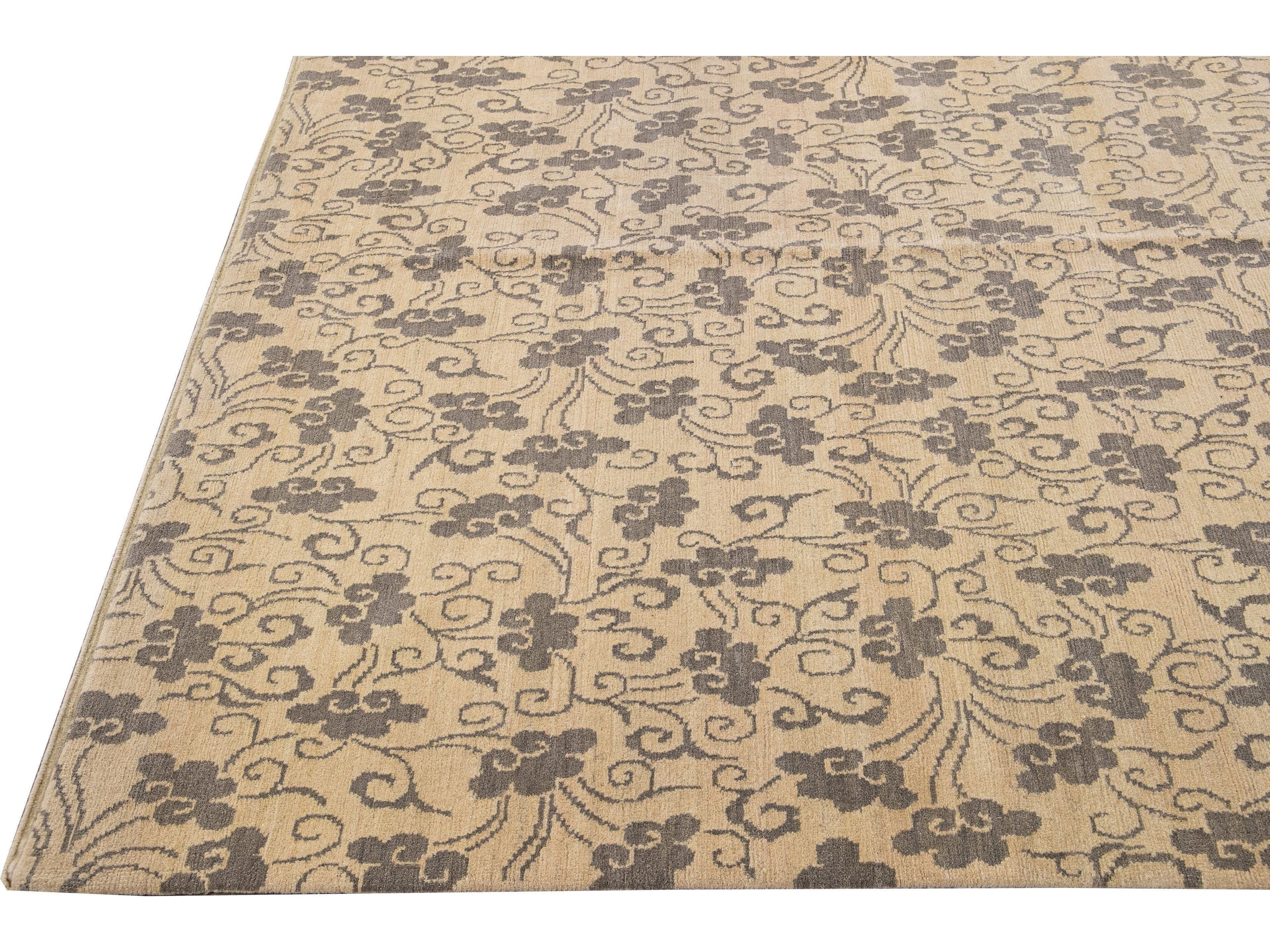 Modern Tibetan Handmade Allover Floral Pattern Beige Wool and Silk Rug