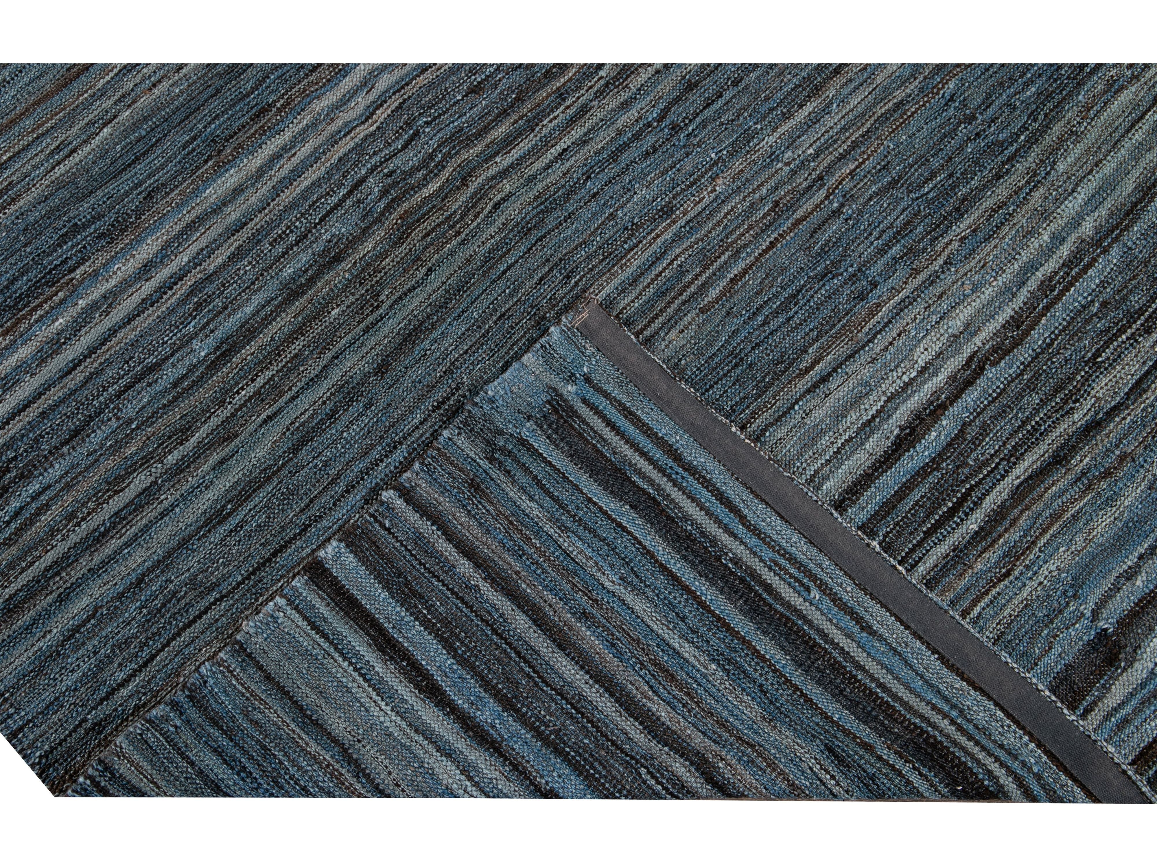 Modern Striped Flat-Weave Wool Rug 9 X 10