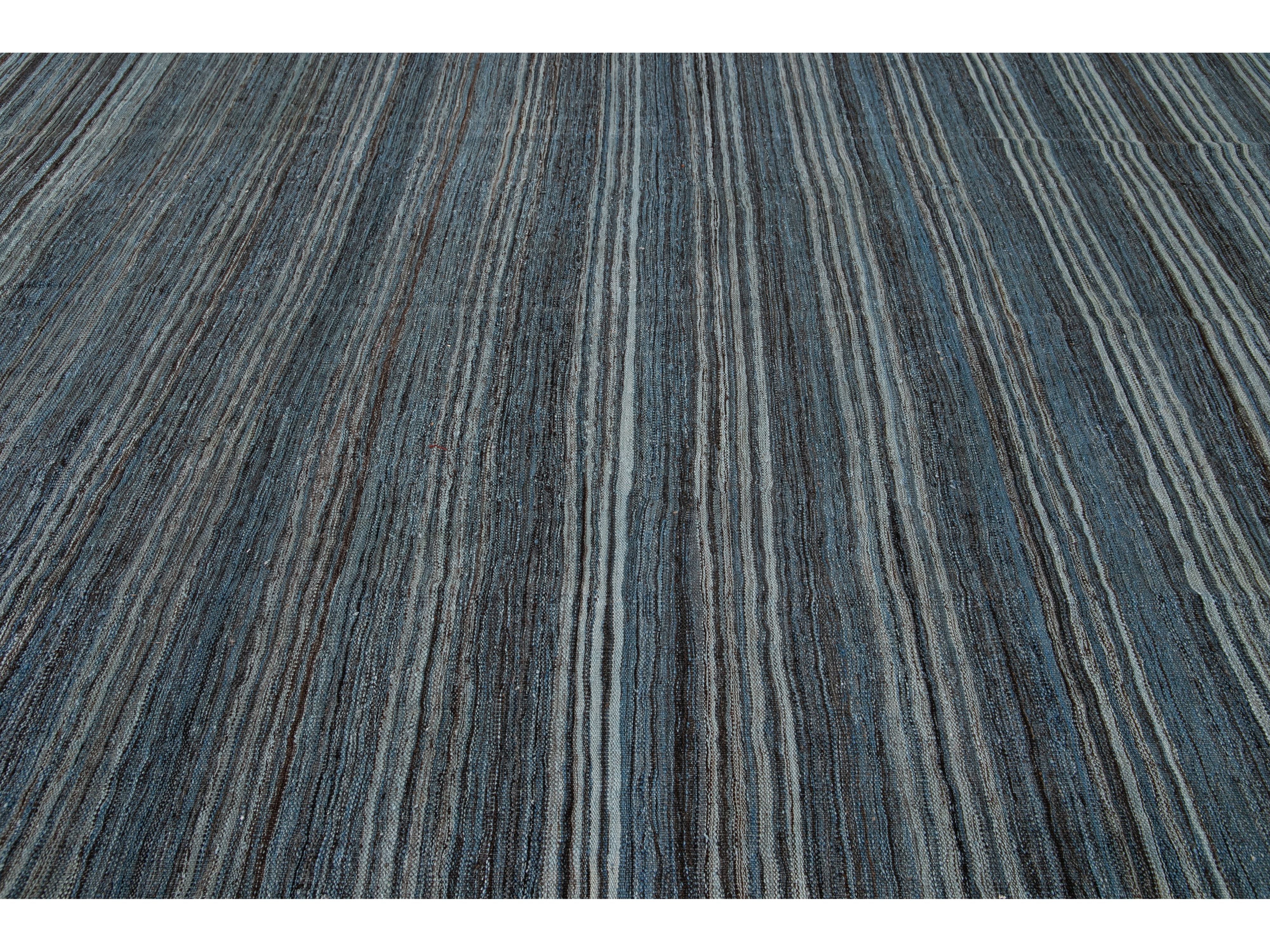 Modern Striped Flat-Weave Wool Rug 9 X 10
