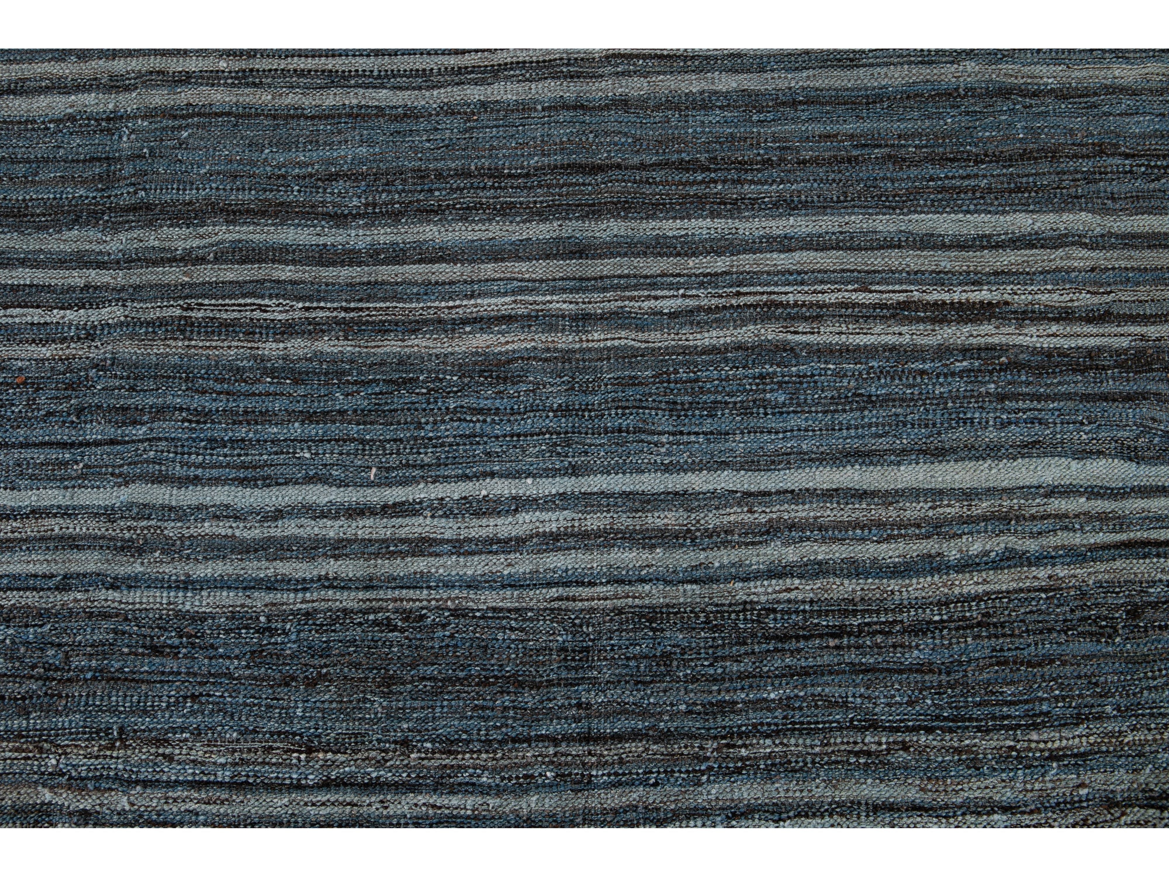 Modern Striped Flat-Weave Wool Rug 9 X 10