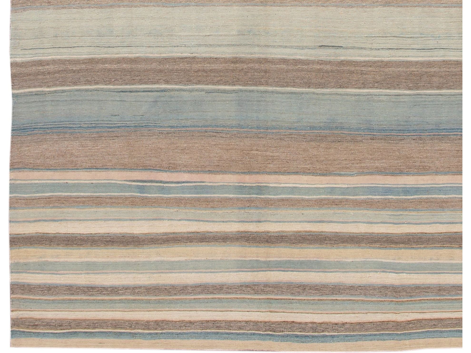 Modern Striped Kilim Wool Rug 9 X 12