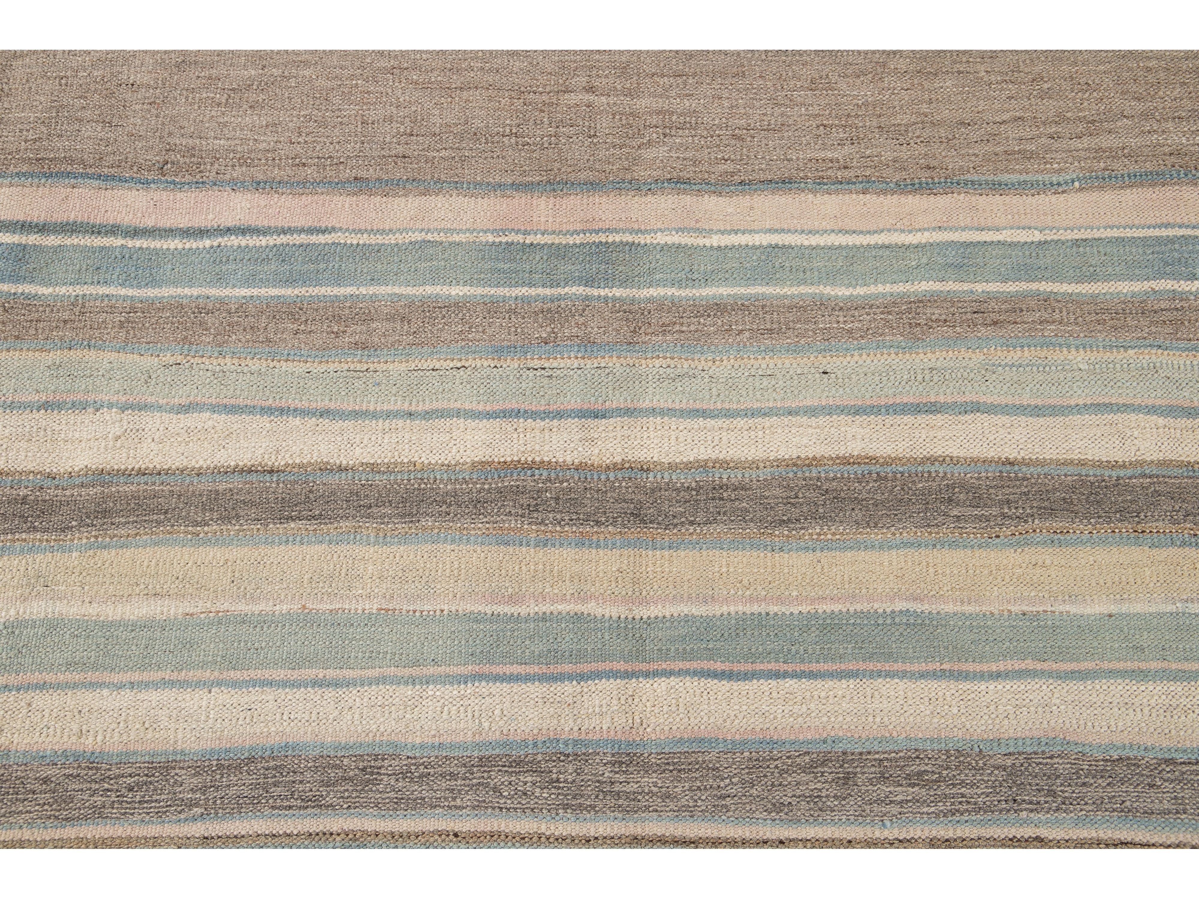 Modern Striped Kilim Wool Rug 9 X 12