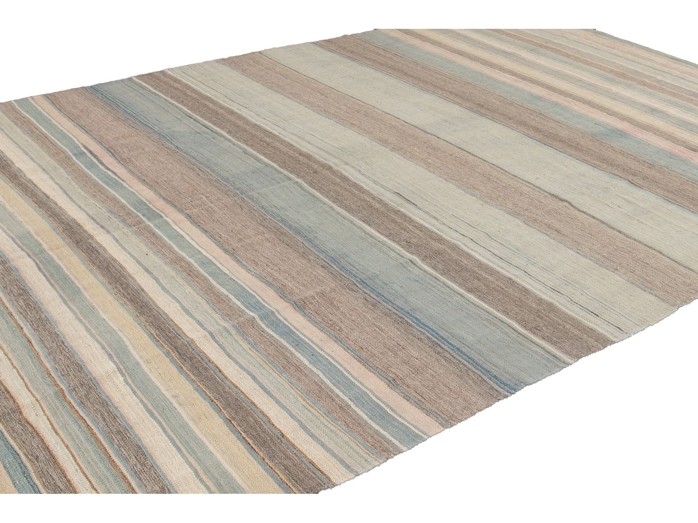 Modern Striped Kilim Wool Rug 9 X 12