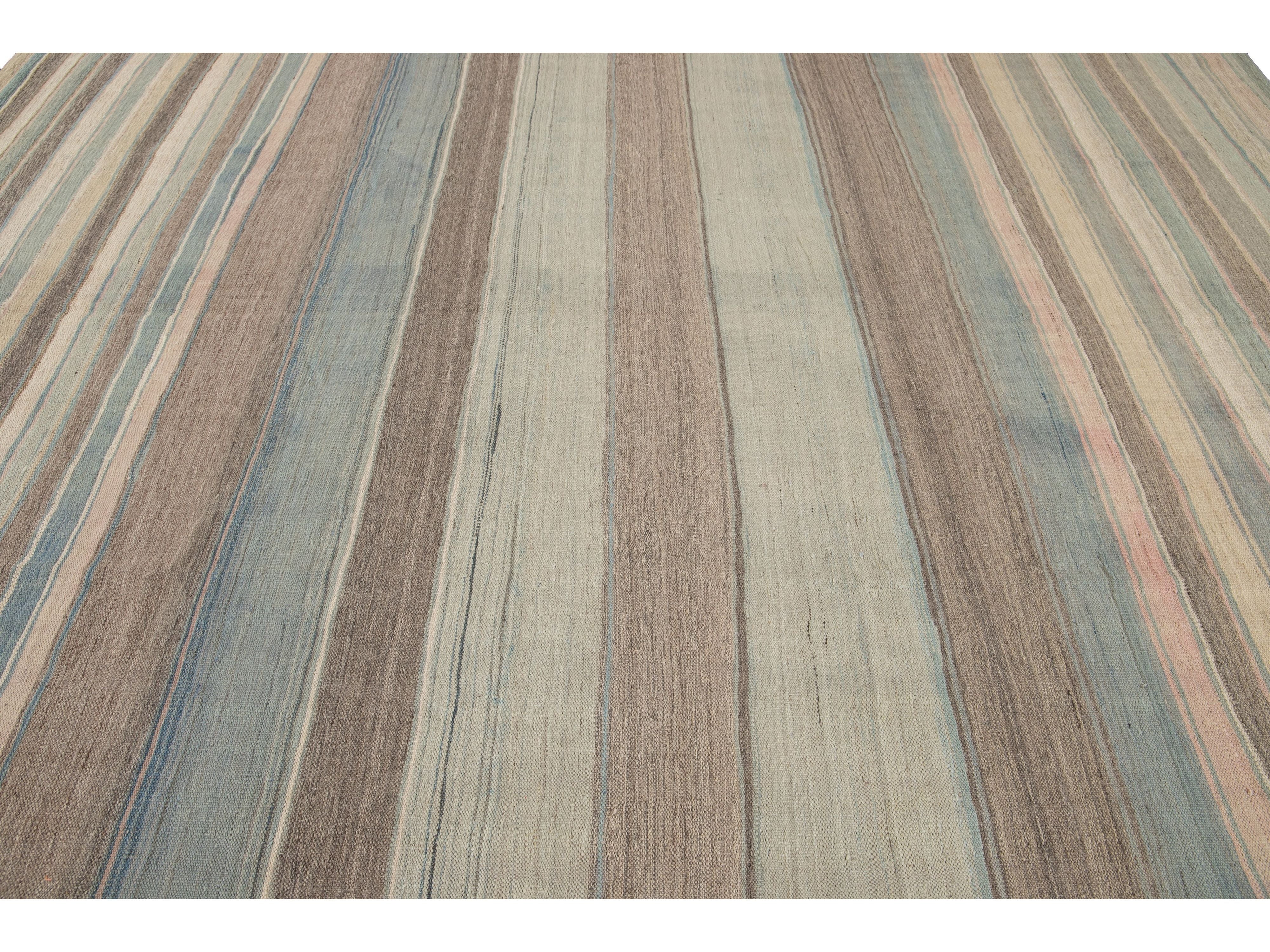 Modern Striped Kilim Wool Rug 9 X 12