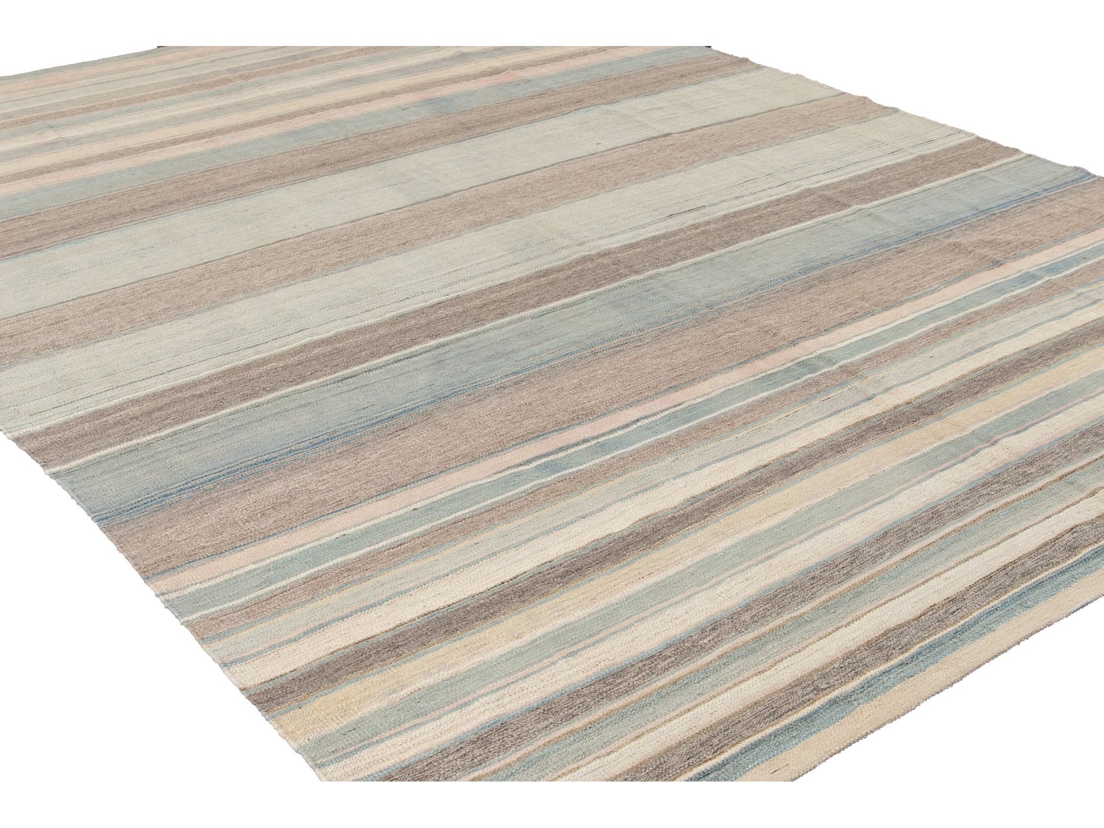 Modern Striped Kilim Wool Rug 9 X 12