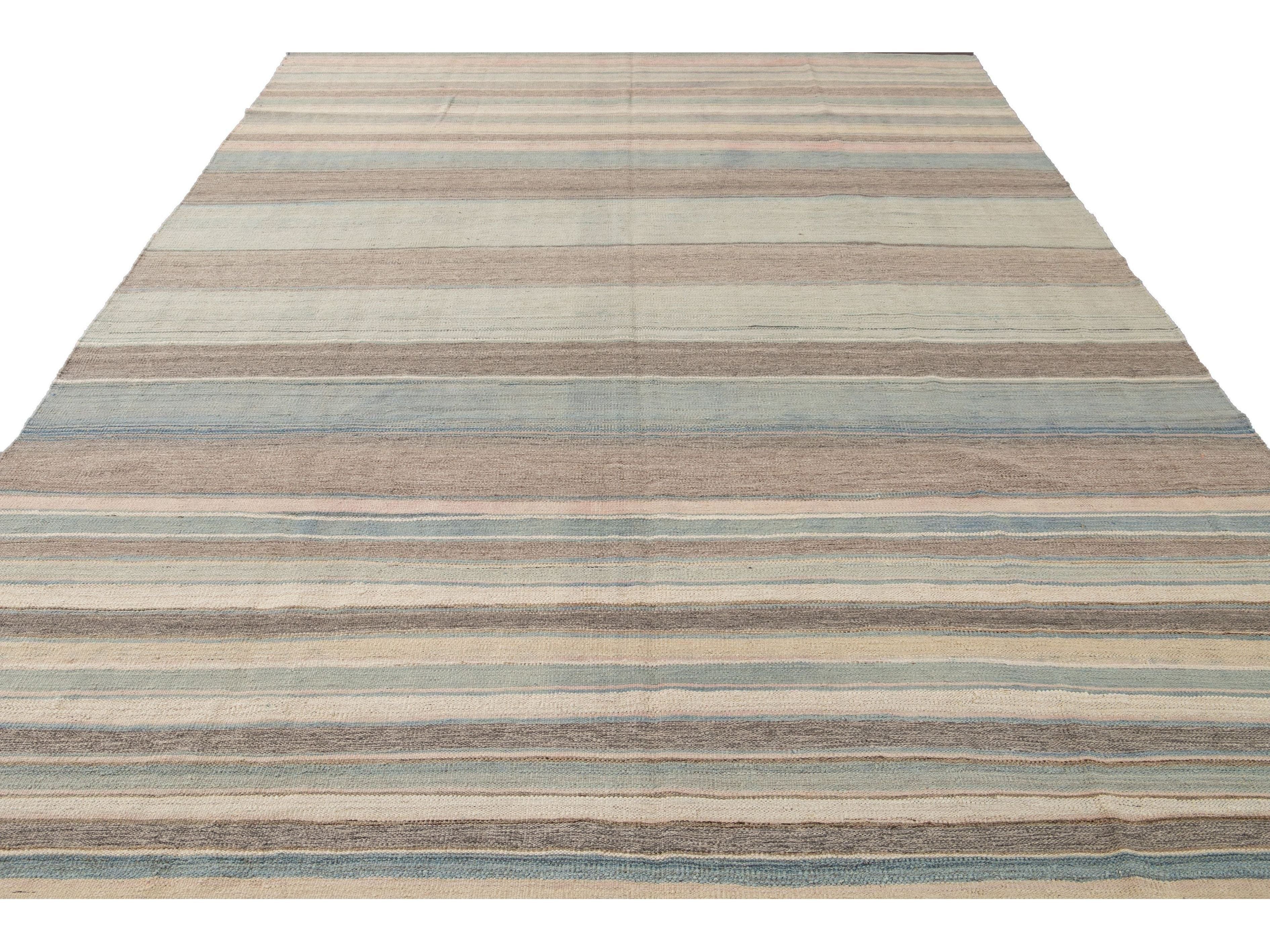 Modern Striped Kilim Wool Rug 9 X 12