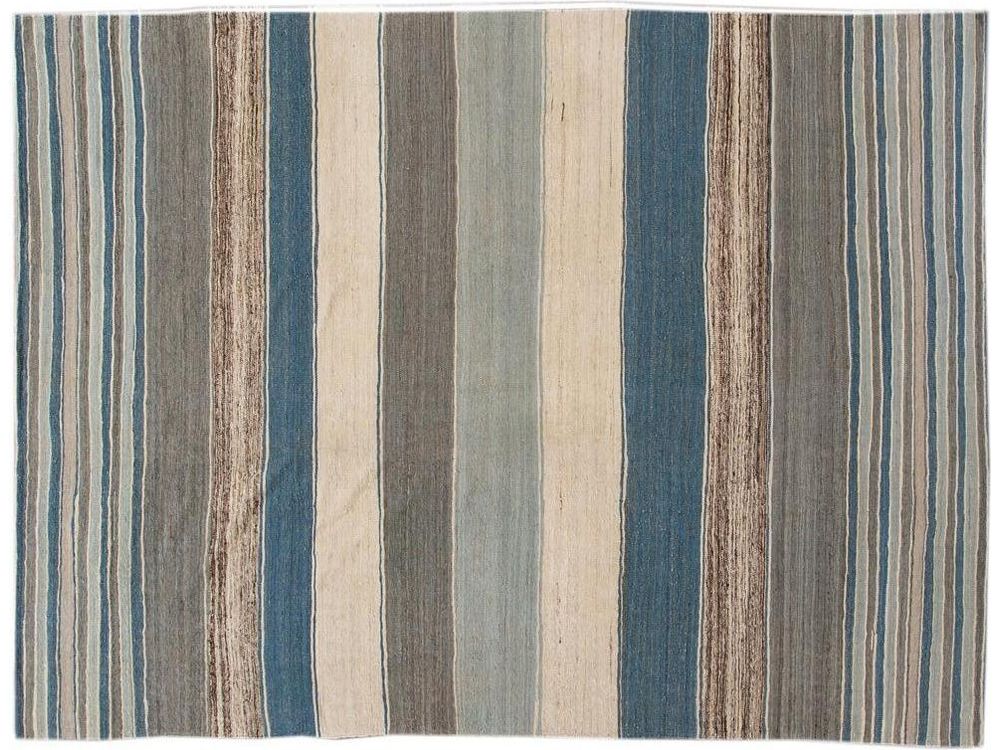 Modern Flat-Weave Kilim Striped Wool Rug 9 X 12