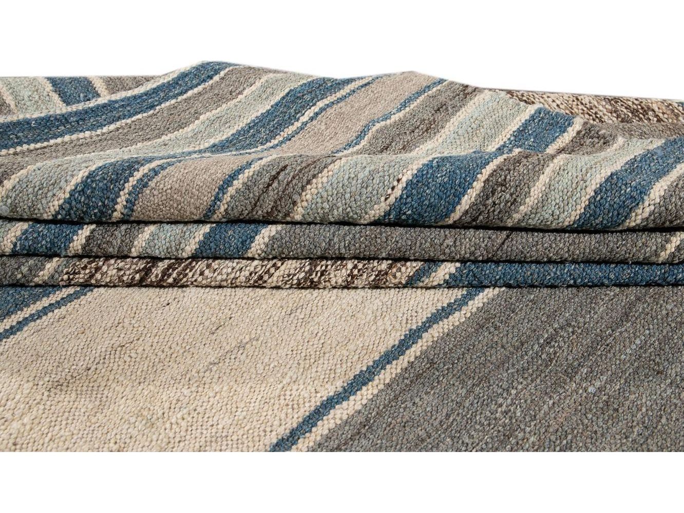 Modern Flat-Weave Kilim Striped Wool Rug 9 X 12