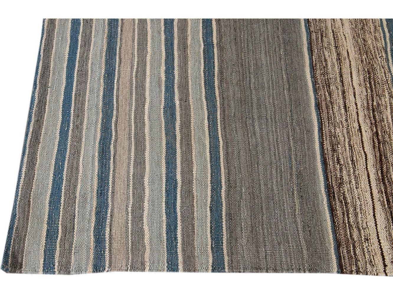 Modern Flat-Weave Kilim Striped Wool Rug 9 X 12