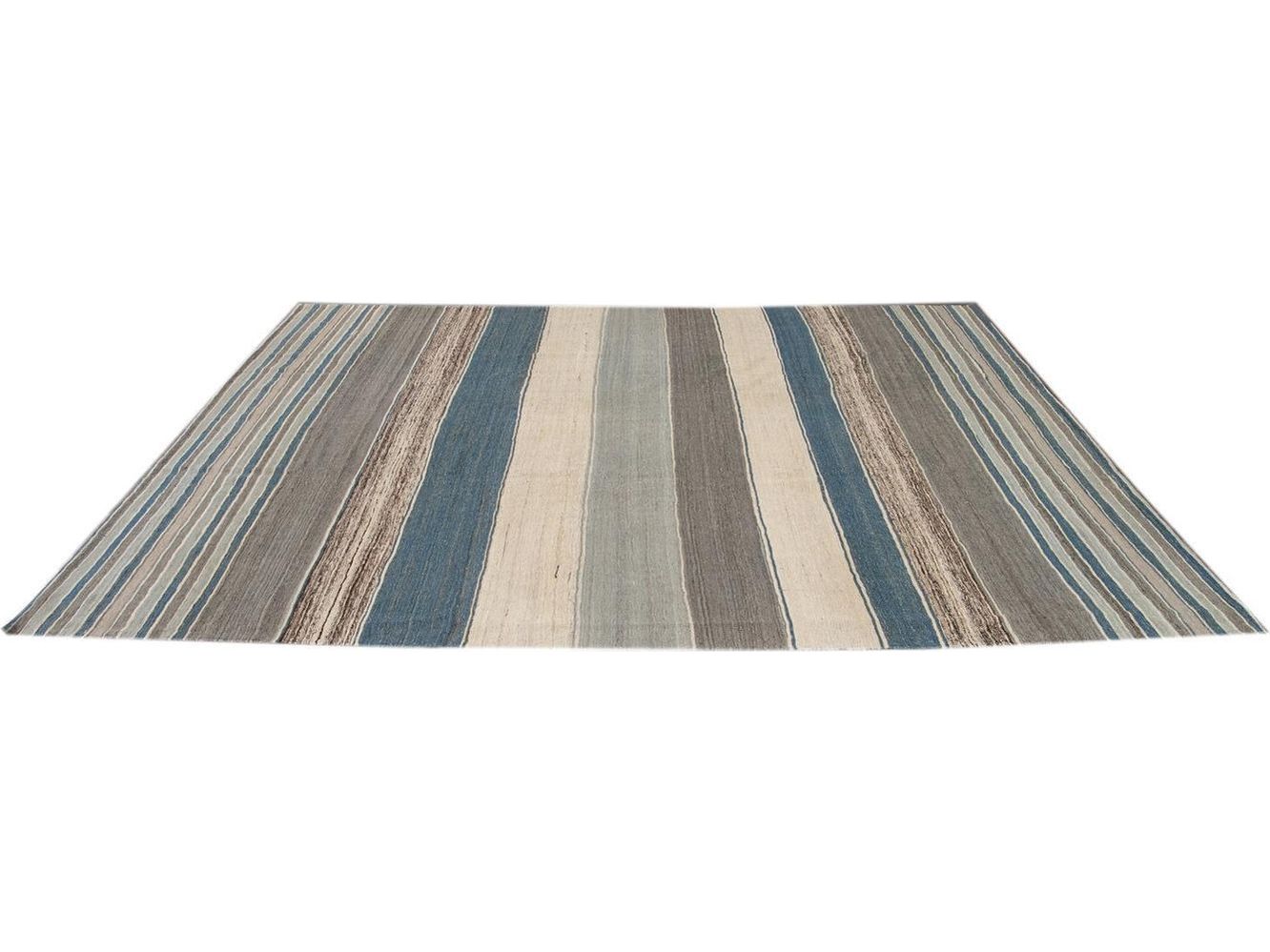 Modern Flat-Weave Kilim Striped Wool Rug 9 X 12