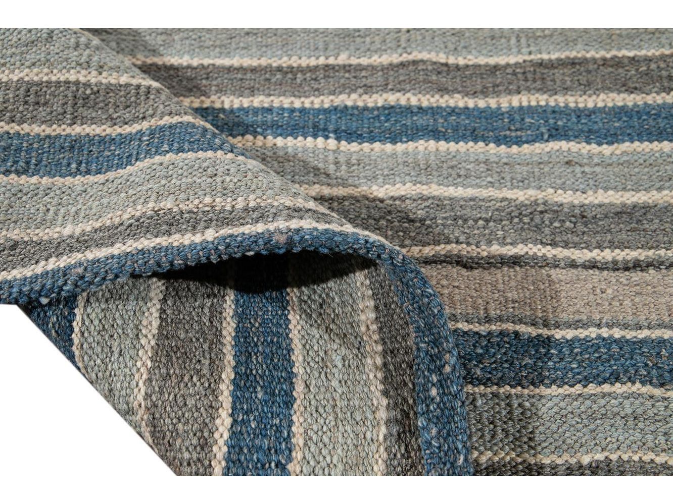 Modern Flat-Weave Kilim Striped Wool Rug 9 X 12