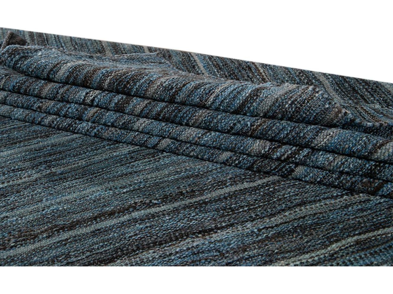 Modern Flat-Weave Kilim Striped Wool Rug 9 X 12