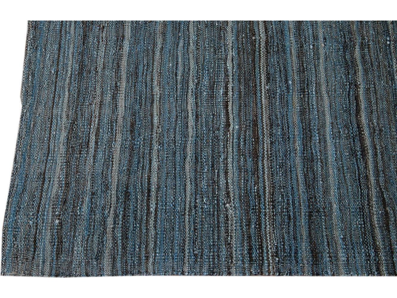 Modern Flat-Weave Kilim Striped Wool Rug 9 X 12