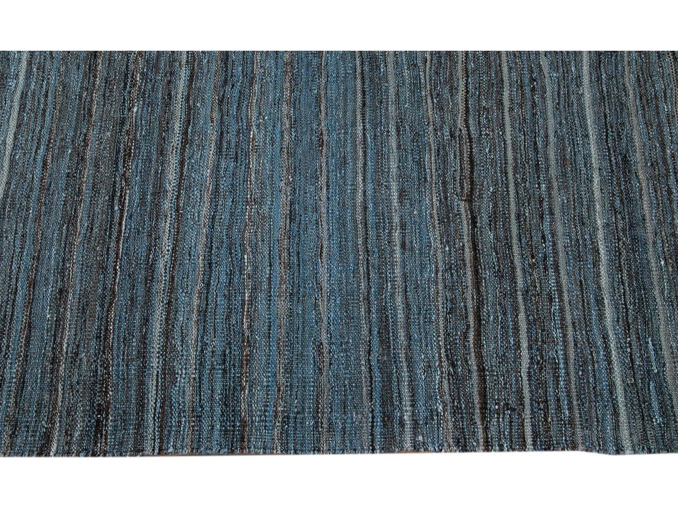 Modern Flat-Weave Kilim Striped Wool Rug 9 X 12