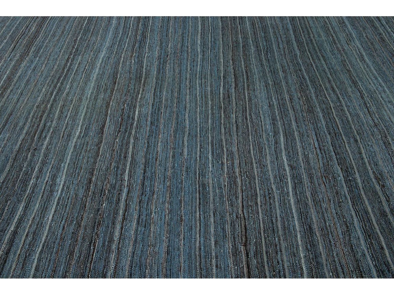 Modern Flat-Weave Kilim Striped Wool Rug 9 X 12