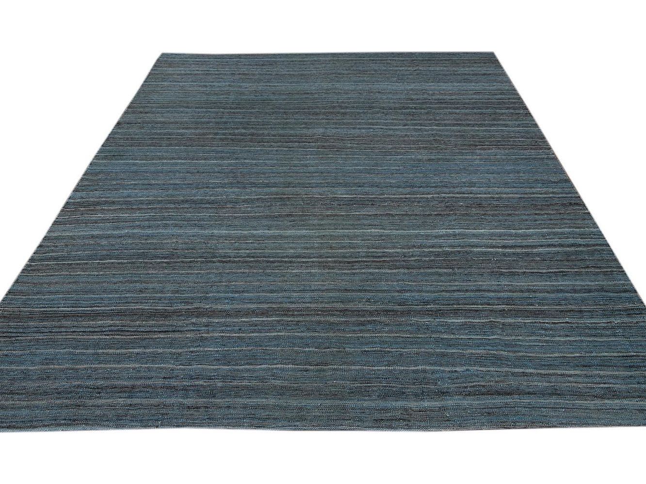 Modern Flat-Weave Kilim Striped Wool Rug 9 X 12