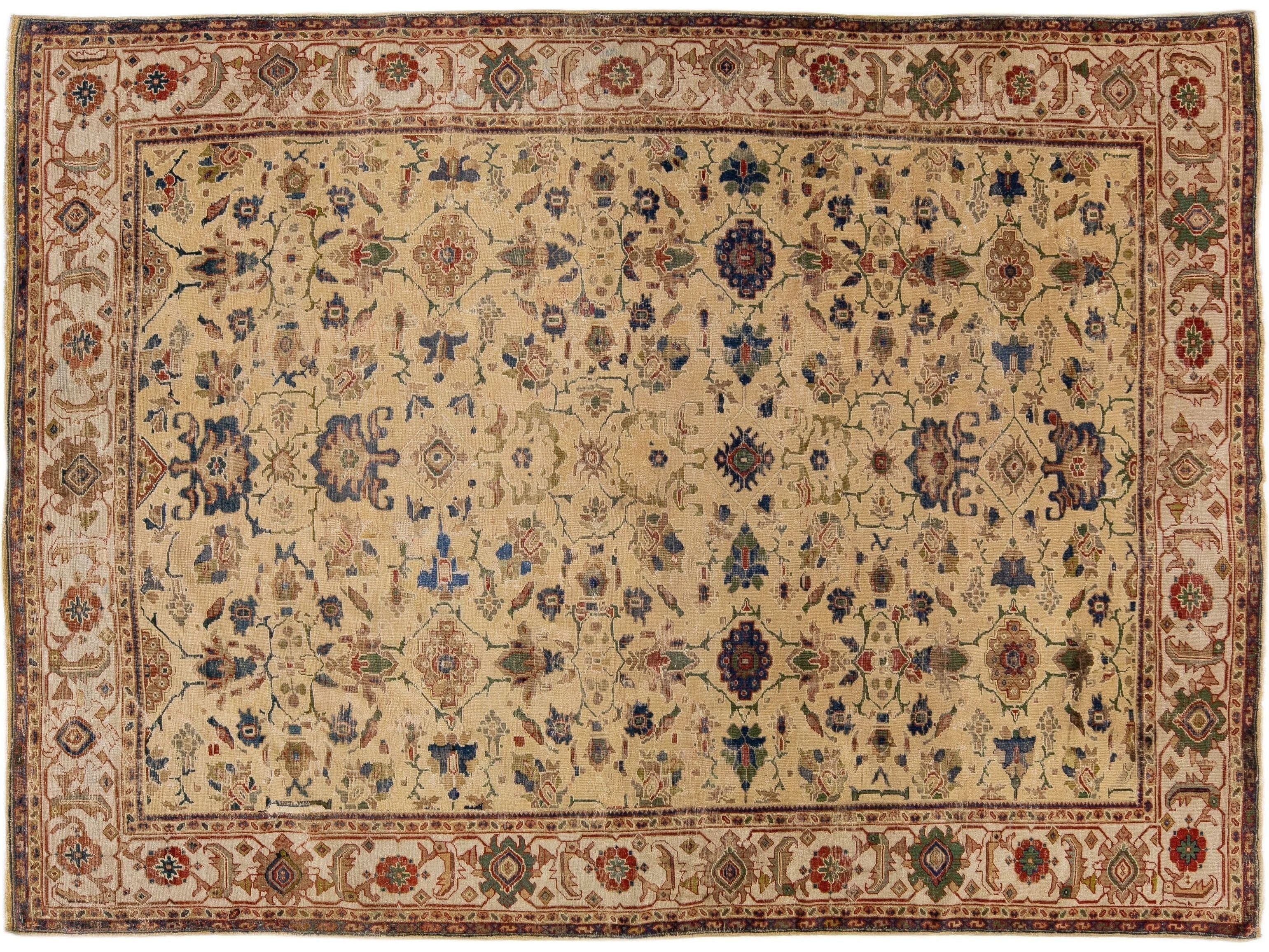 Antique Sultanabad Tan Handmade Wool Rug with Allover Pattern