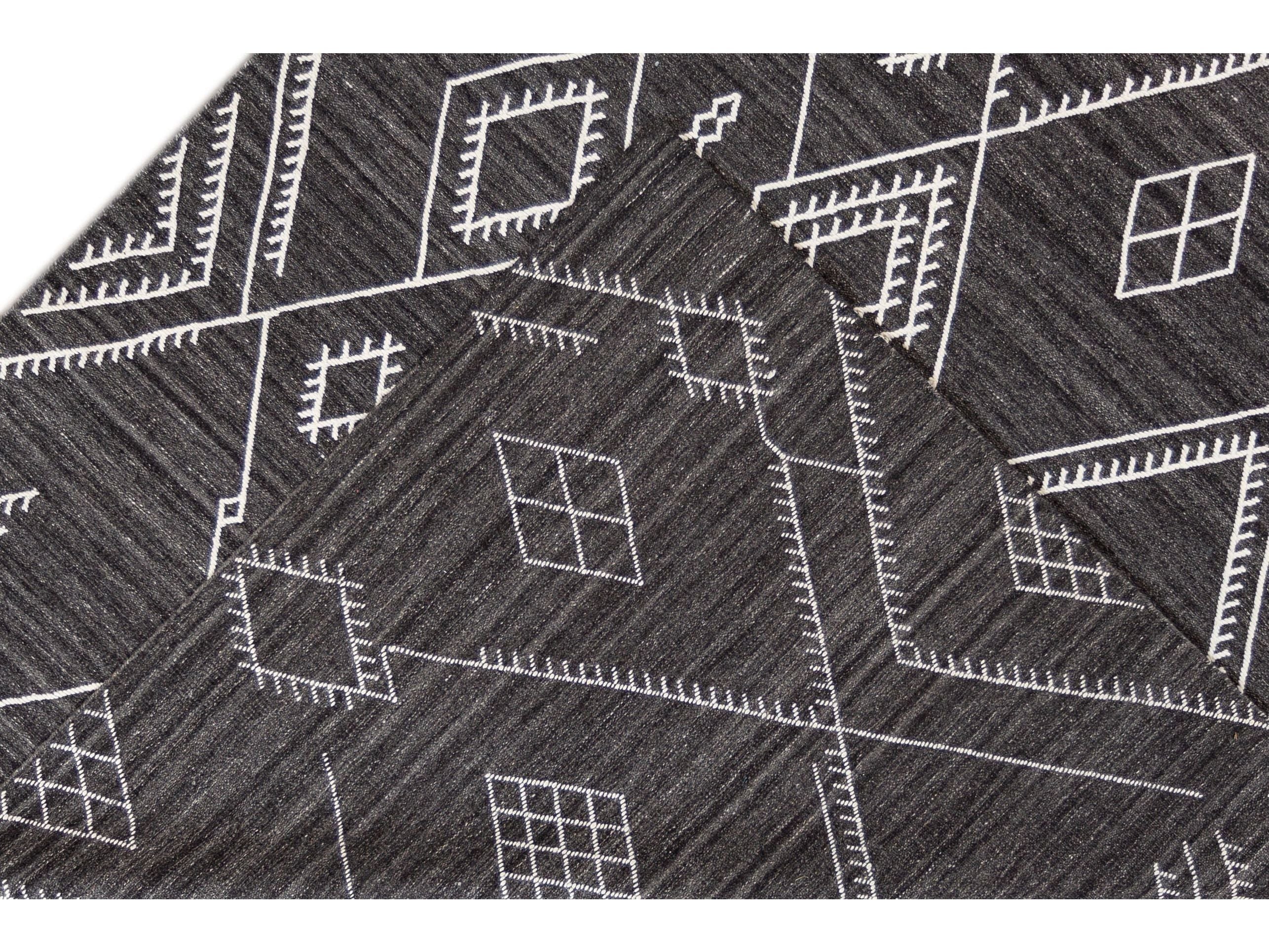 Apadana's Nantucket Collection Flatweave Kilim Coastal Designed Black Wool Rug