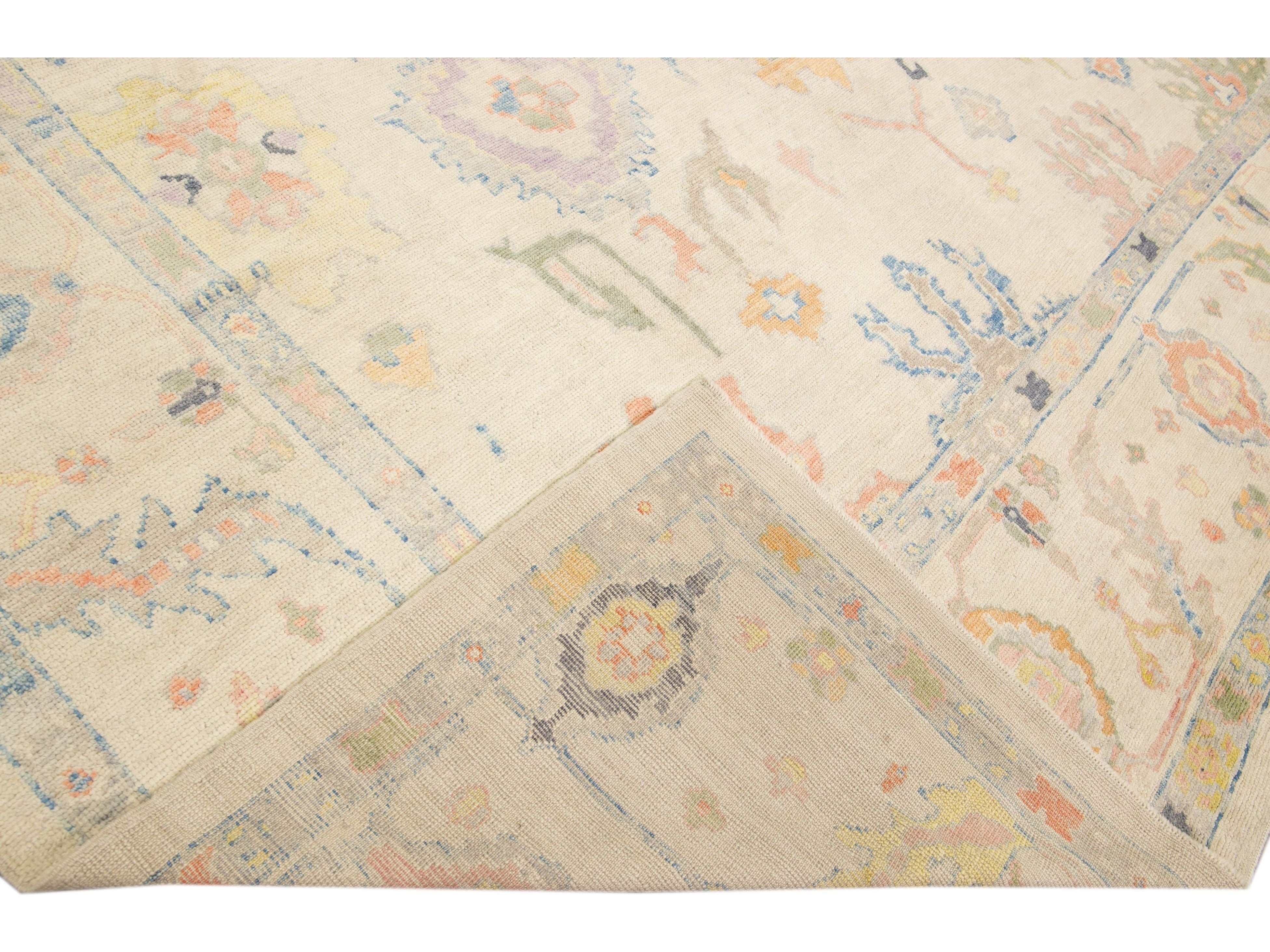 Modern Turkish Oushak Handmade Floral Beige Oversize Wool Rug