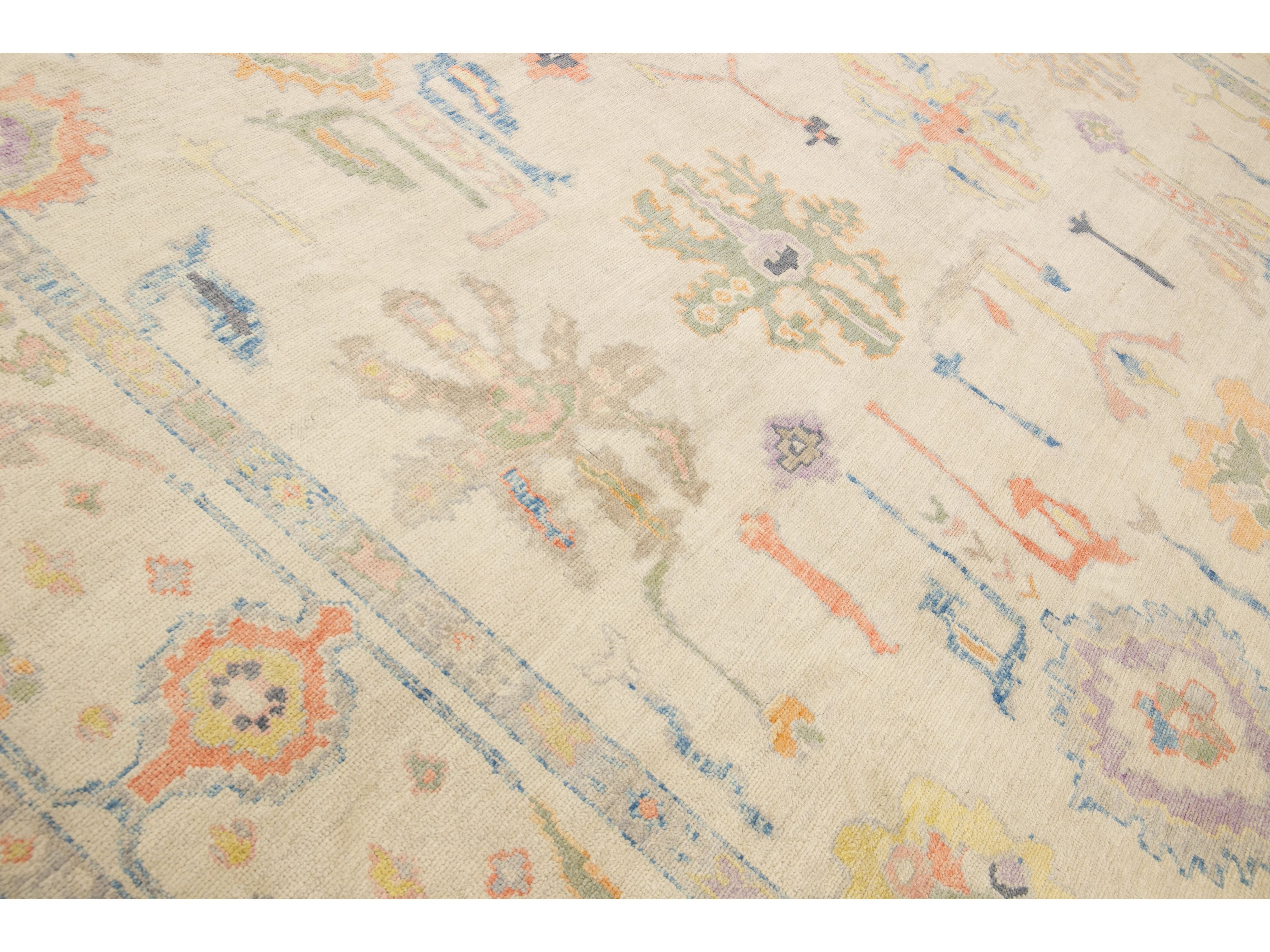 Modern Turkish Oushak Handmade Floral Beige Oversize Wool Rug