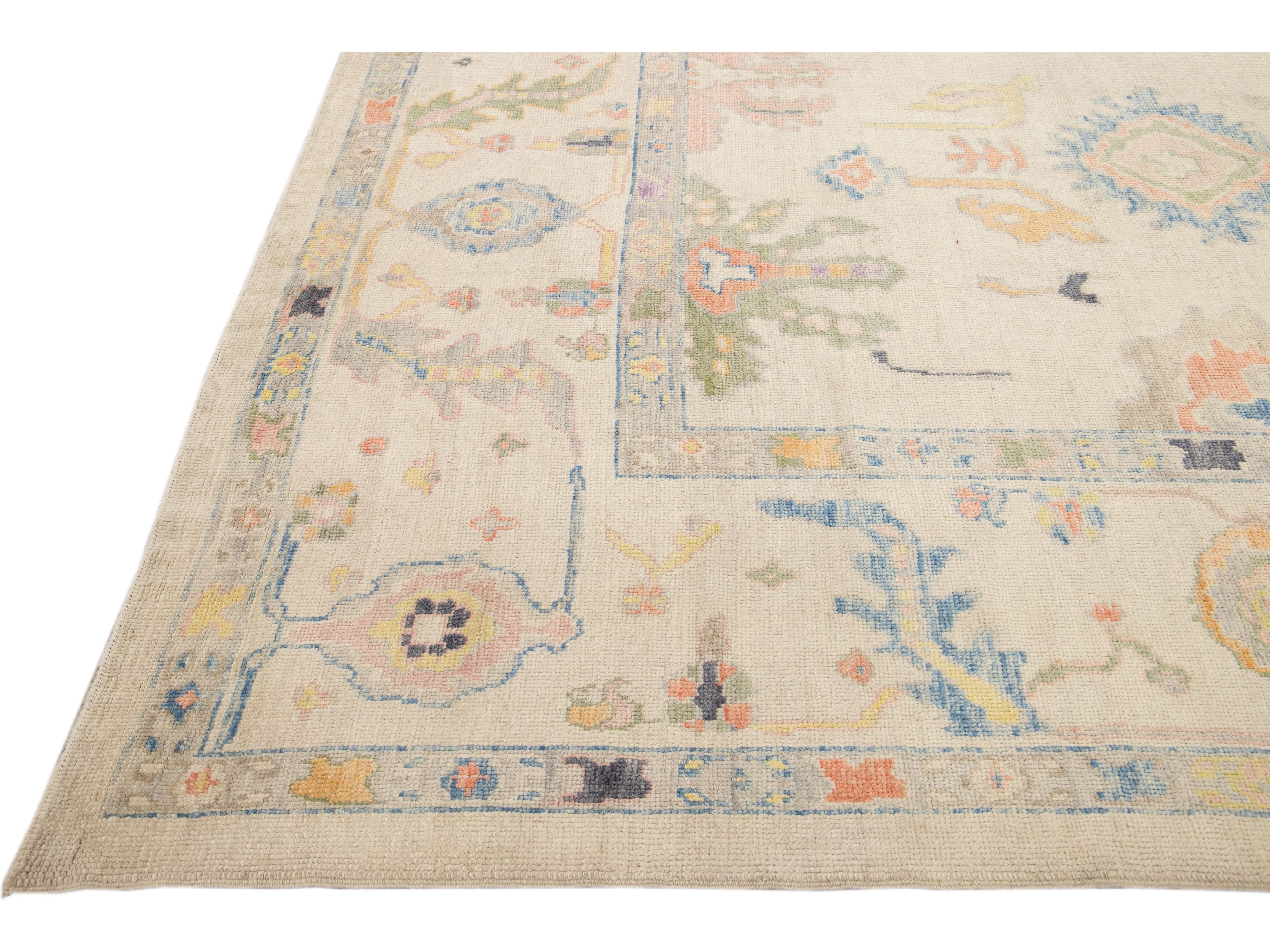 Modern Turkish Oushak Handmade Floral Beige Oversize Wool Rug