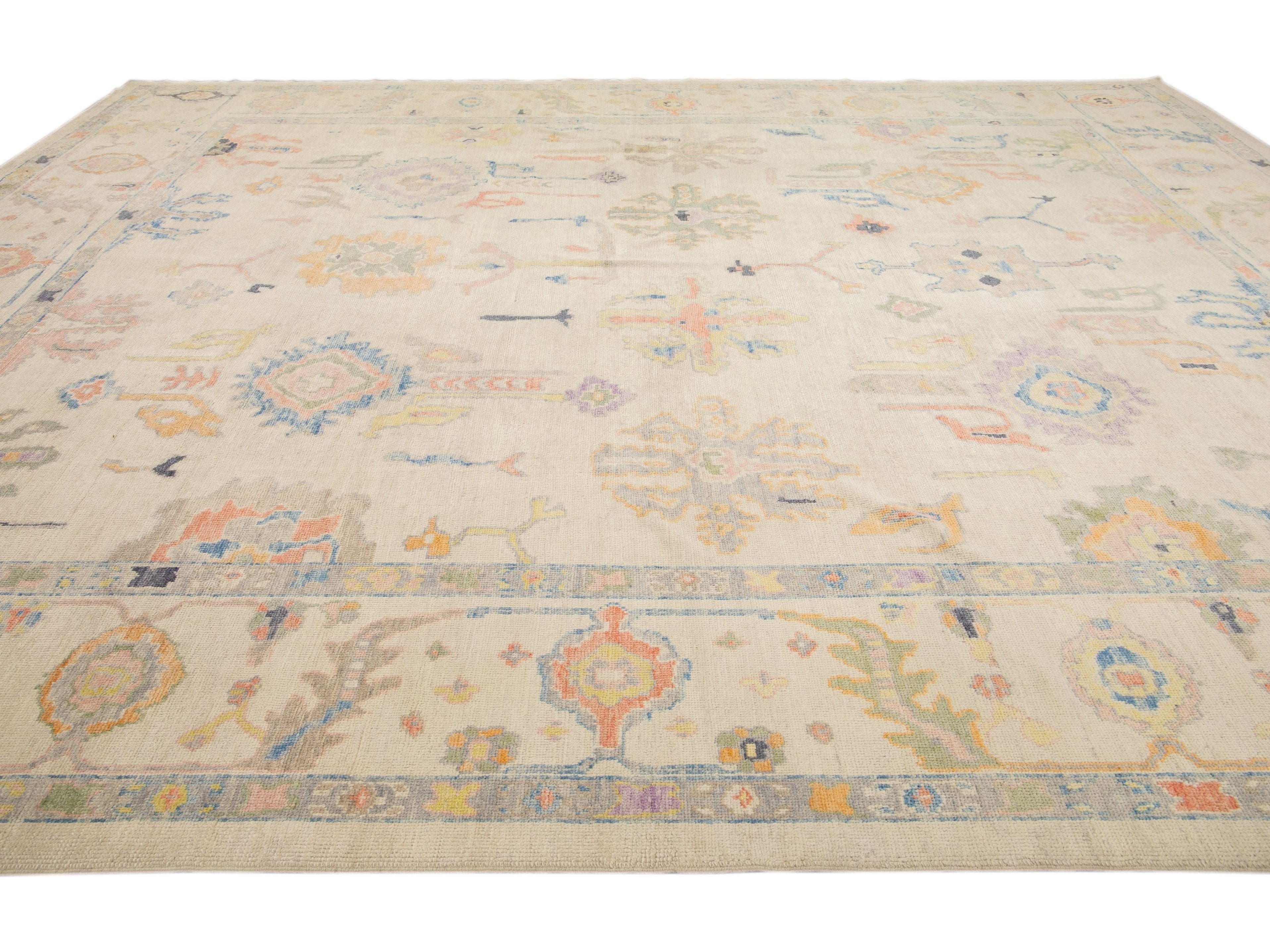 Modern Turkish Oushak Handmade Floral Beige Oversize Wool Rug