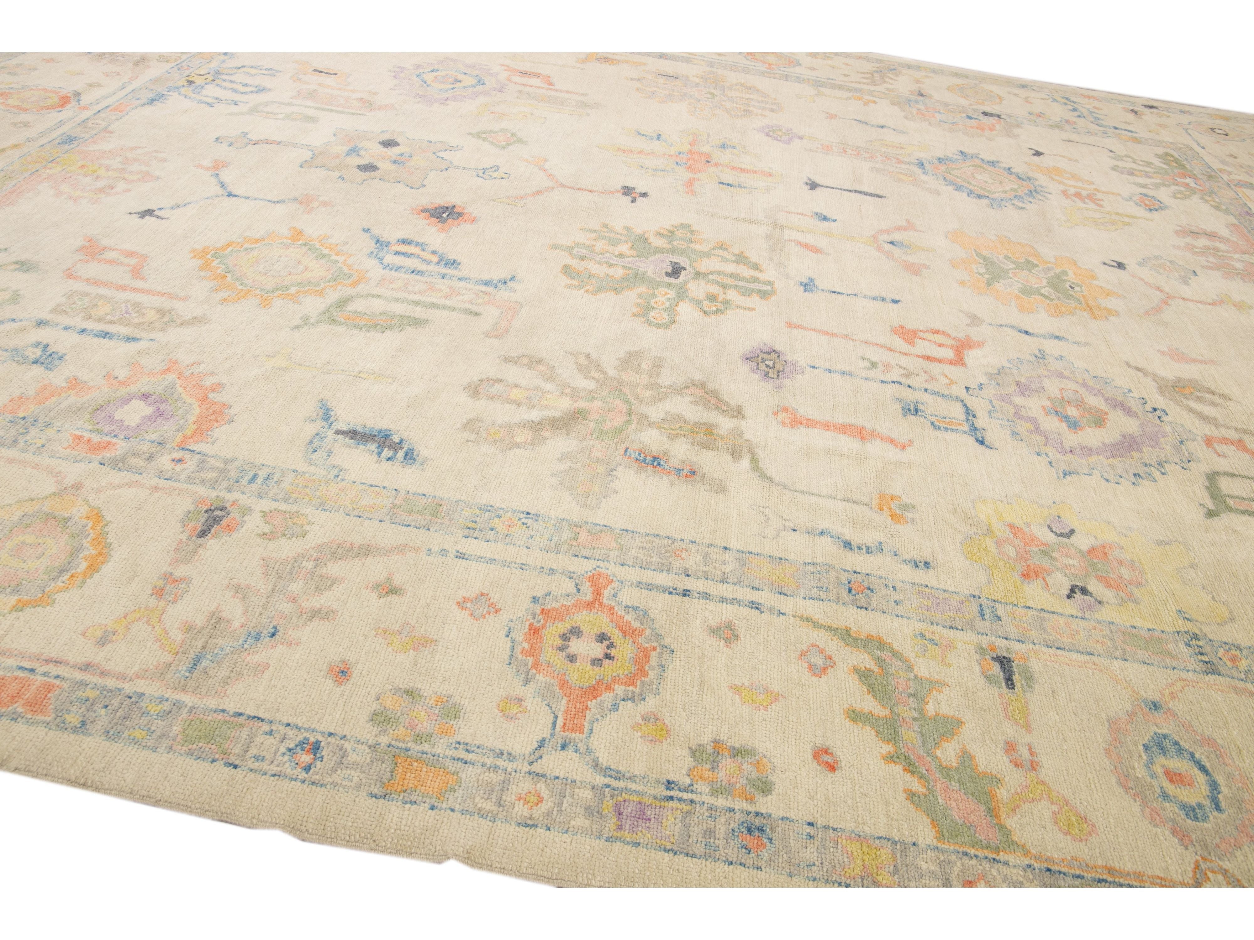 Modern Turkish Oushak Handmade Floral Beige Oversize Wool Rug