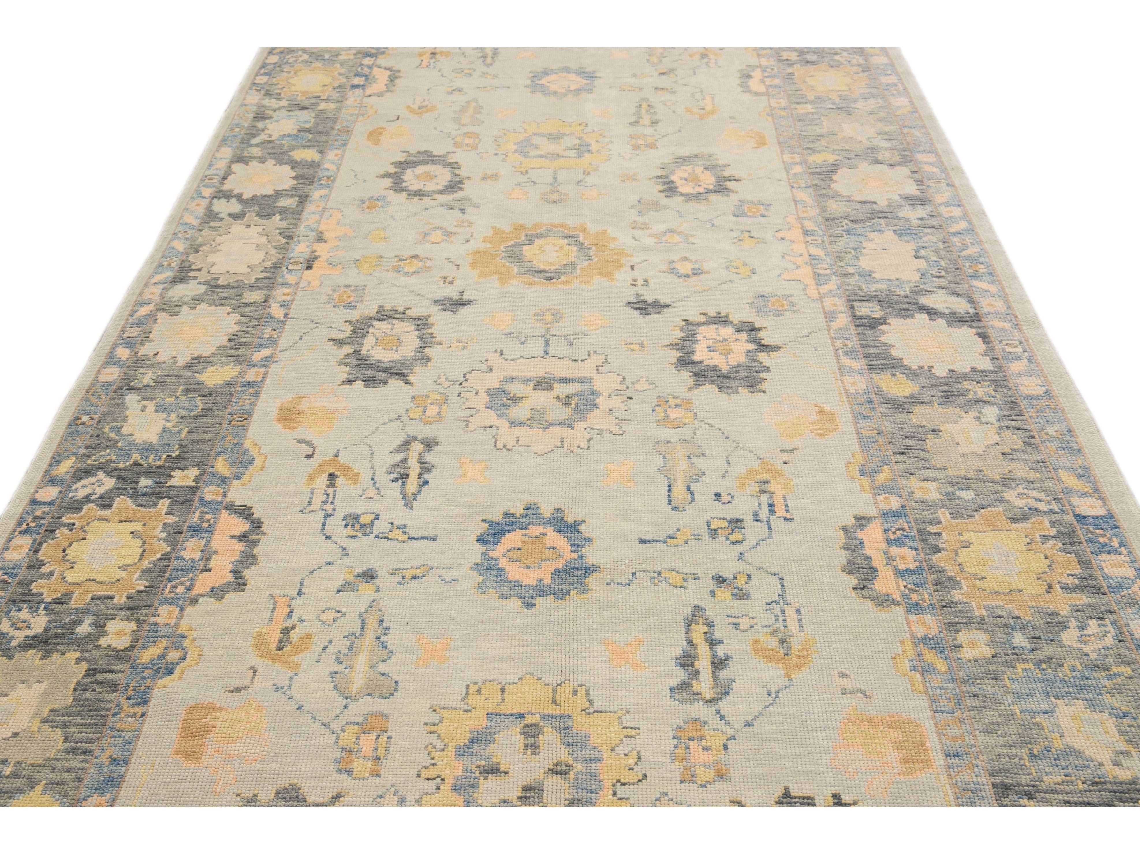 Long Modern Gray Turkish Oushak Handmade Floral Gallery Wool Runner