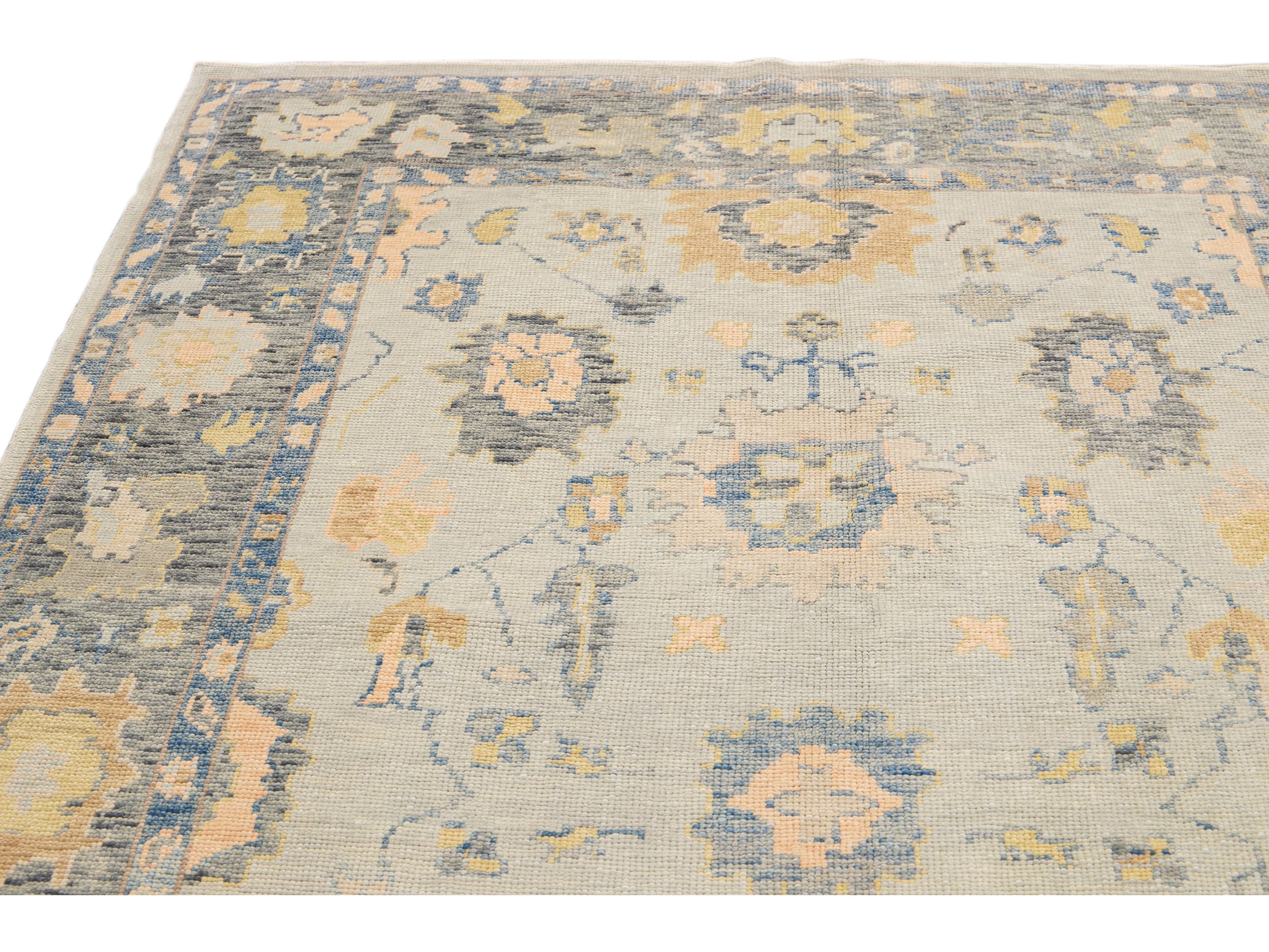 Modern Gray Turkish Oushak Handmade Floral Wide Gallery Wool Runner