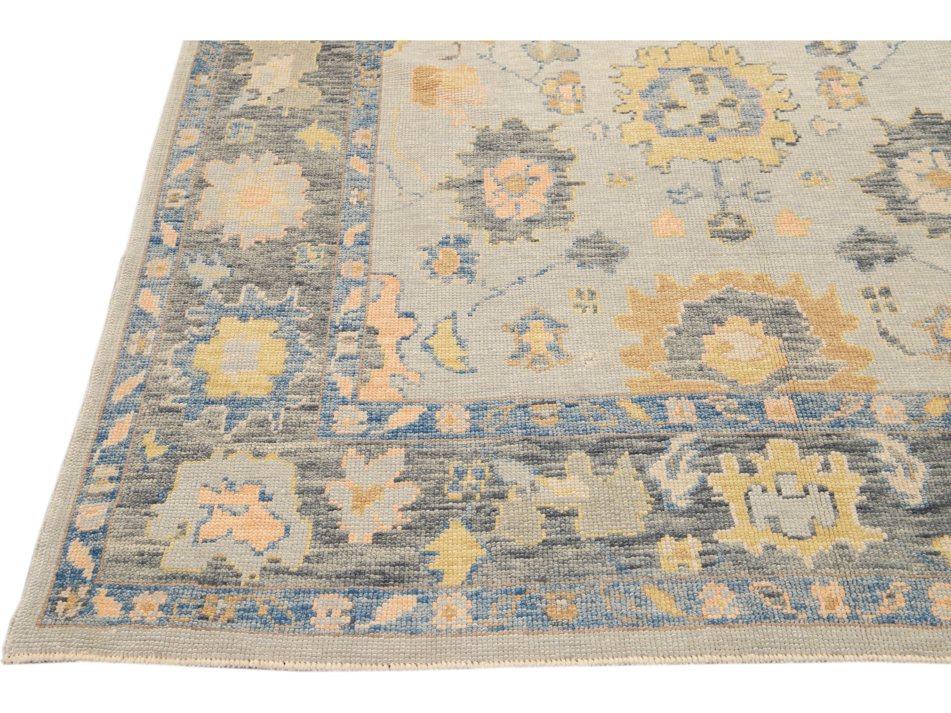 Long Modern Gray Turkish Oushak Handmade Floral Gallery Wool Runner
