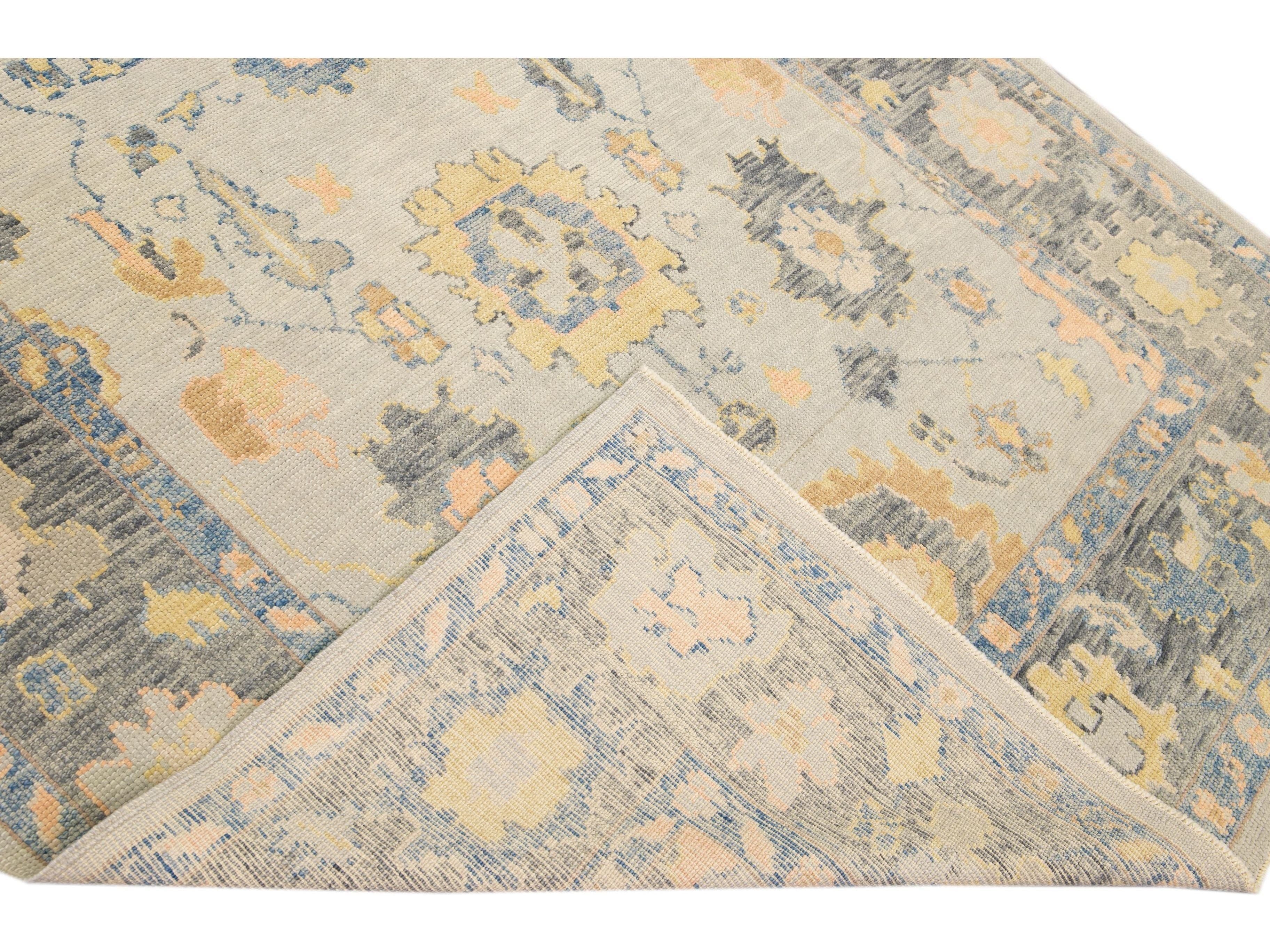 Long Modern Gray Turkish Oushak Handmade Floral Gallery Wool Runner