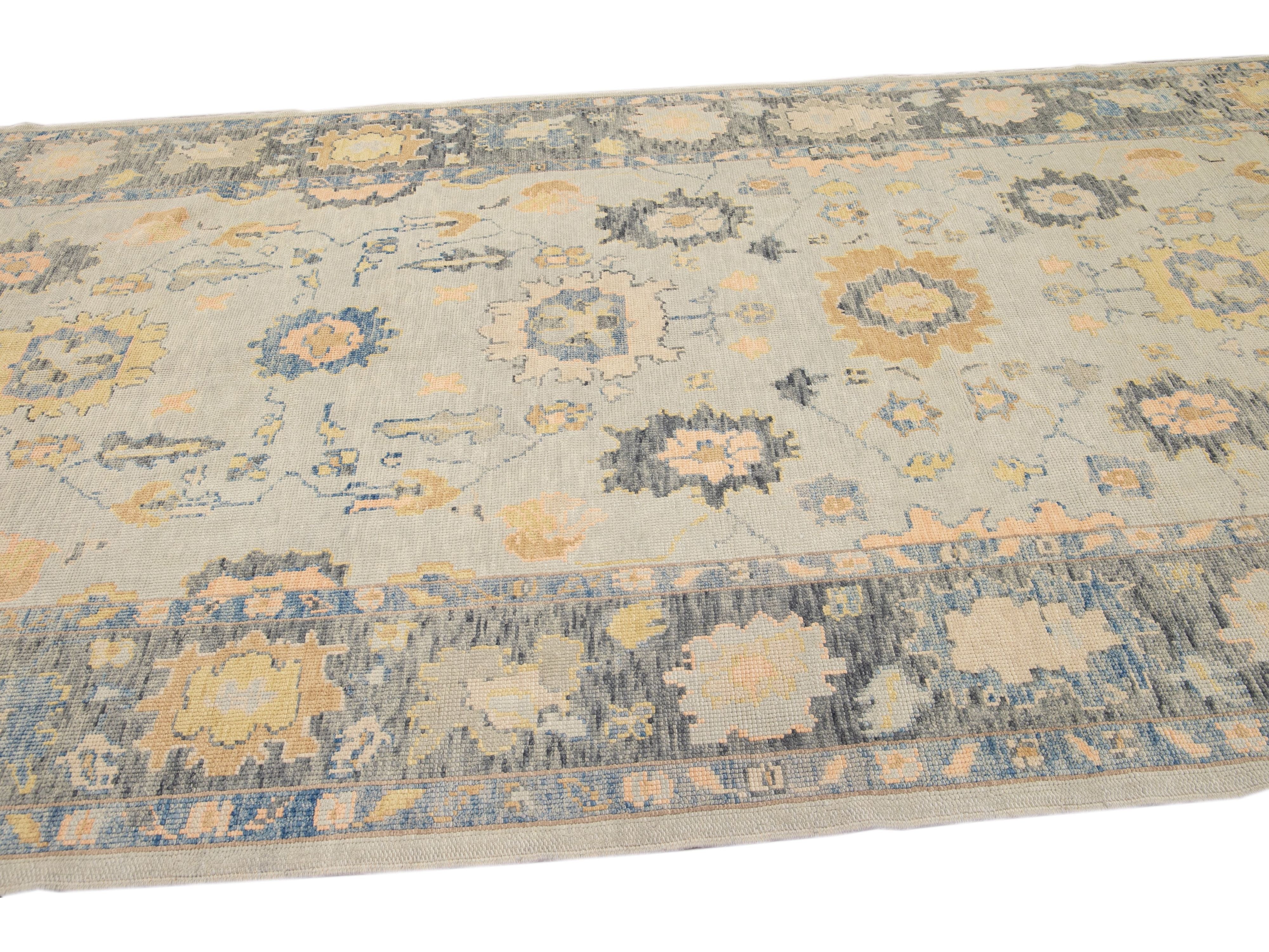 Modern Gray Turkish Oushak Handmade Floral Wide Gallery Wool Runner