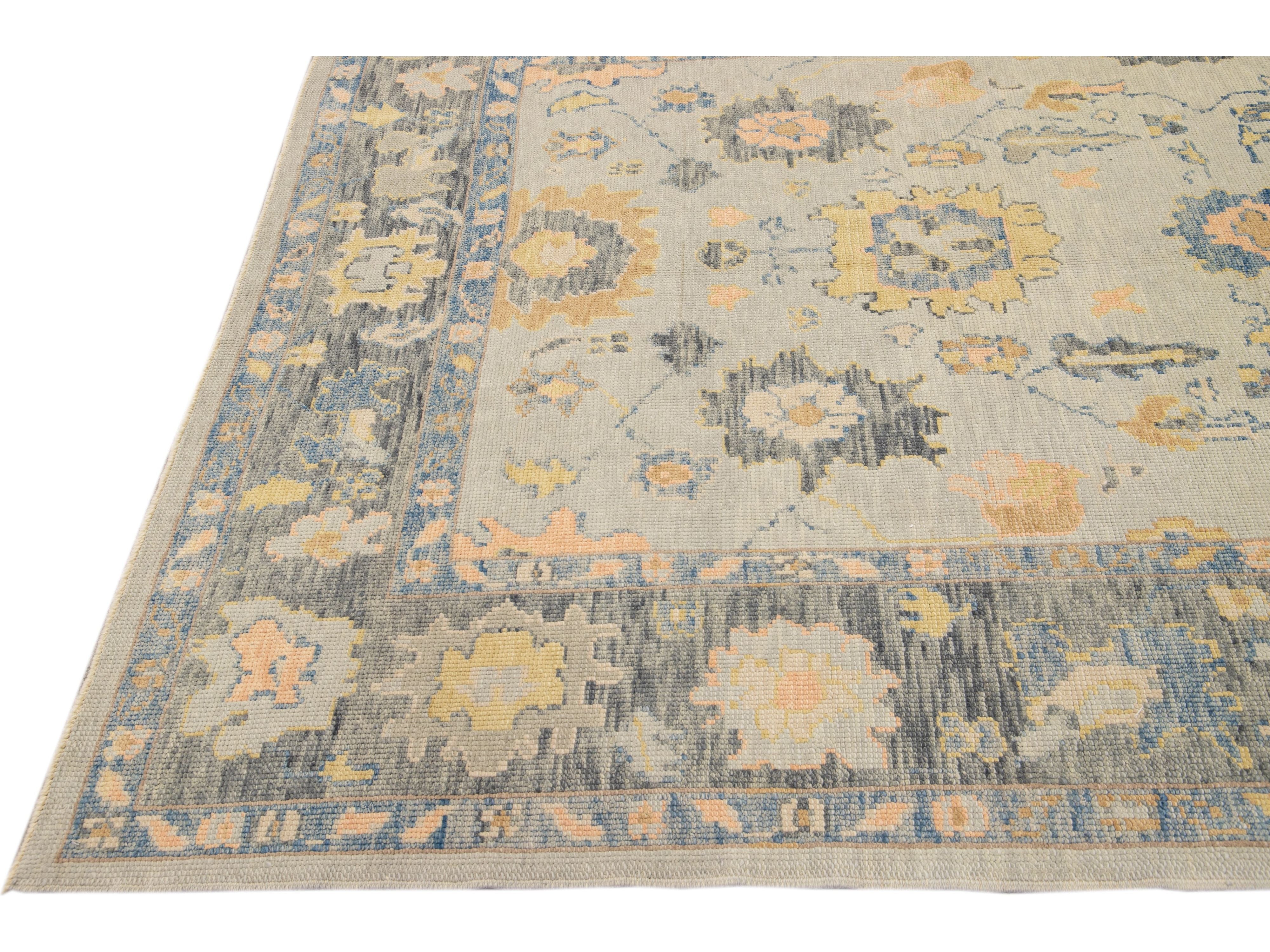Long Modern Gray Turkish Oushak Handmade Floral Gallery Wool Runner