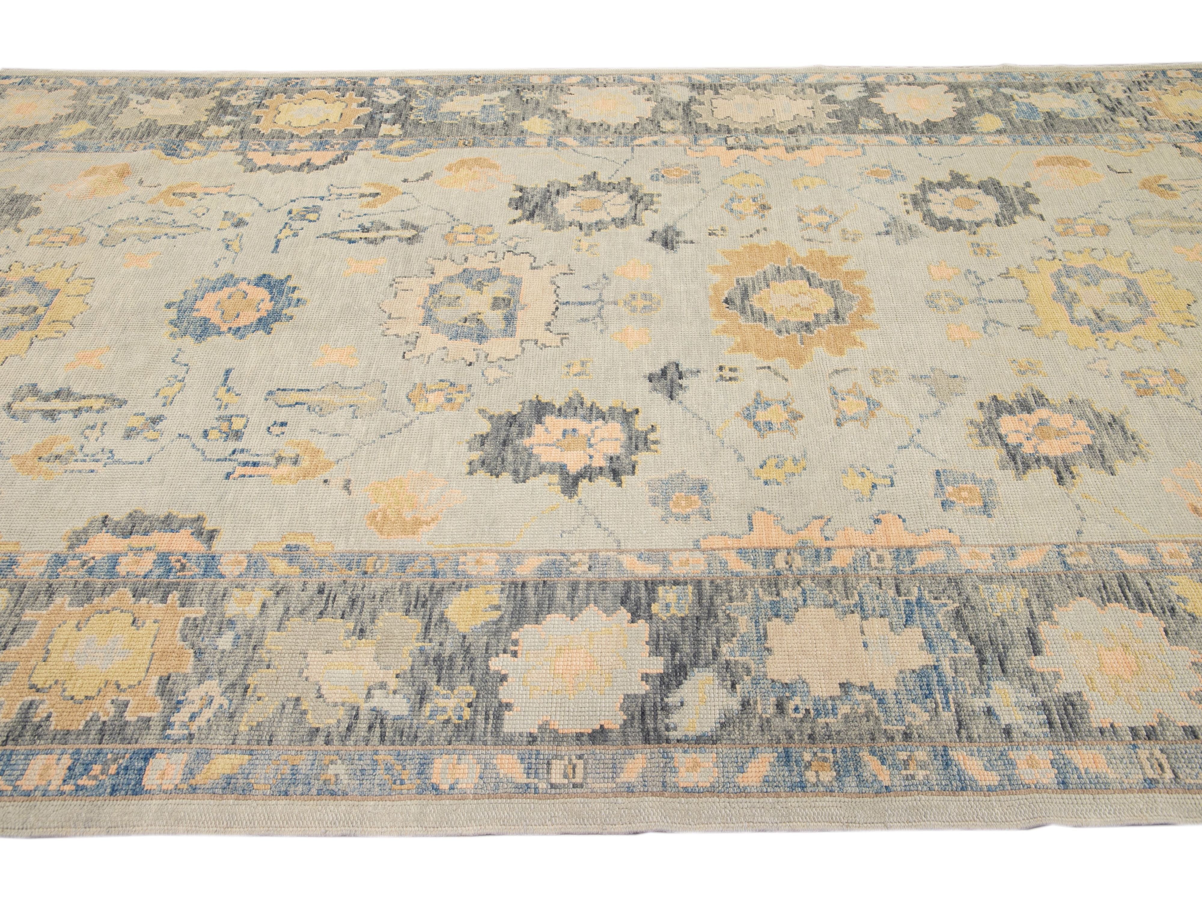 Long Modern Gray Turkish Oushak Handmade Floral Gallery Wool Runner