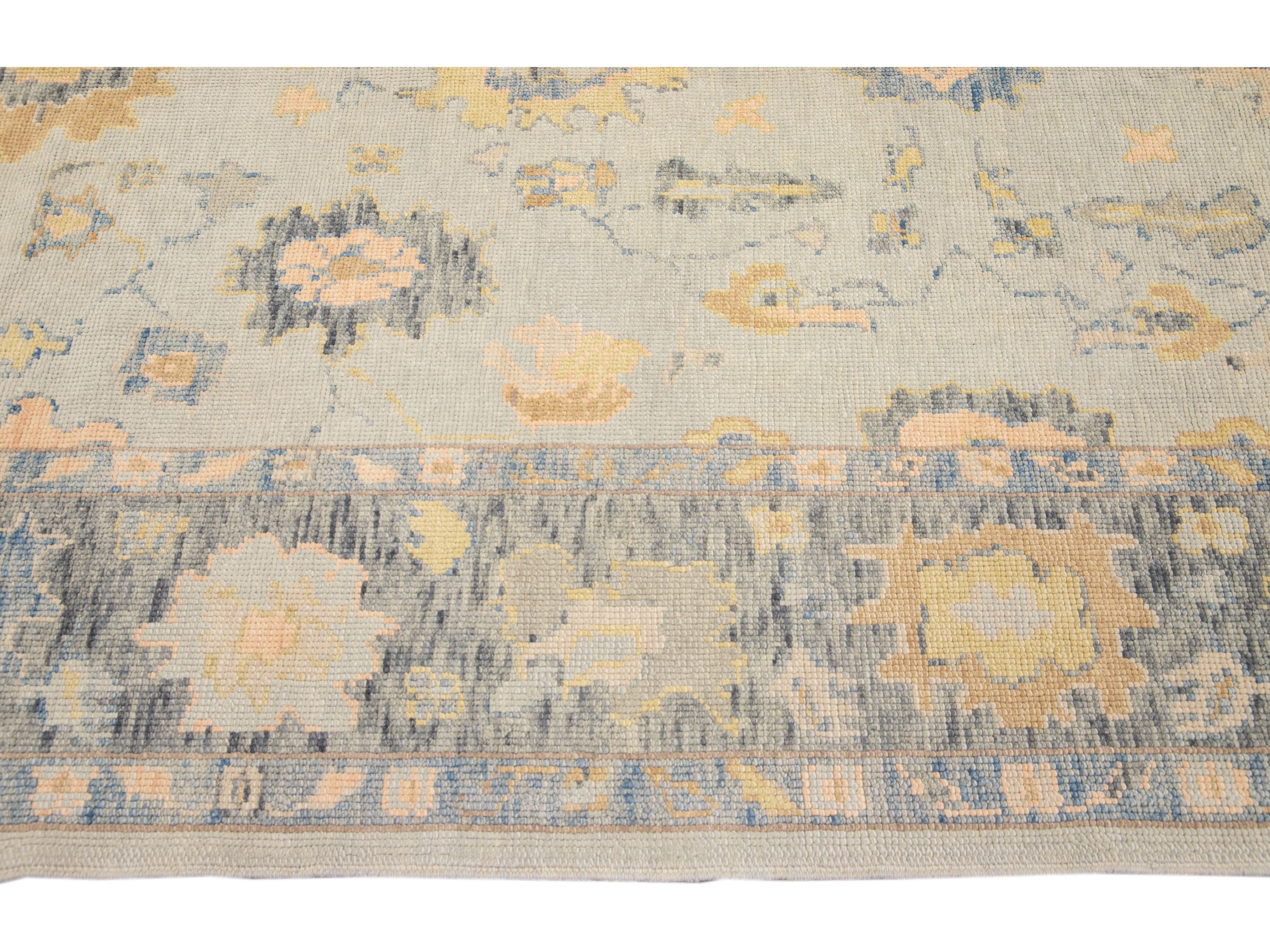 Long Modern Gray Turkish Oushak Handmade Floral Gallery Wool Runner