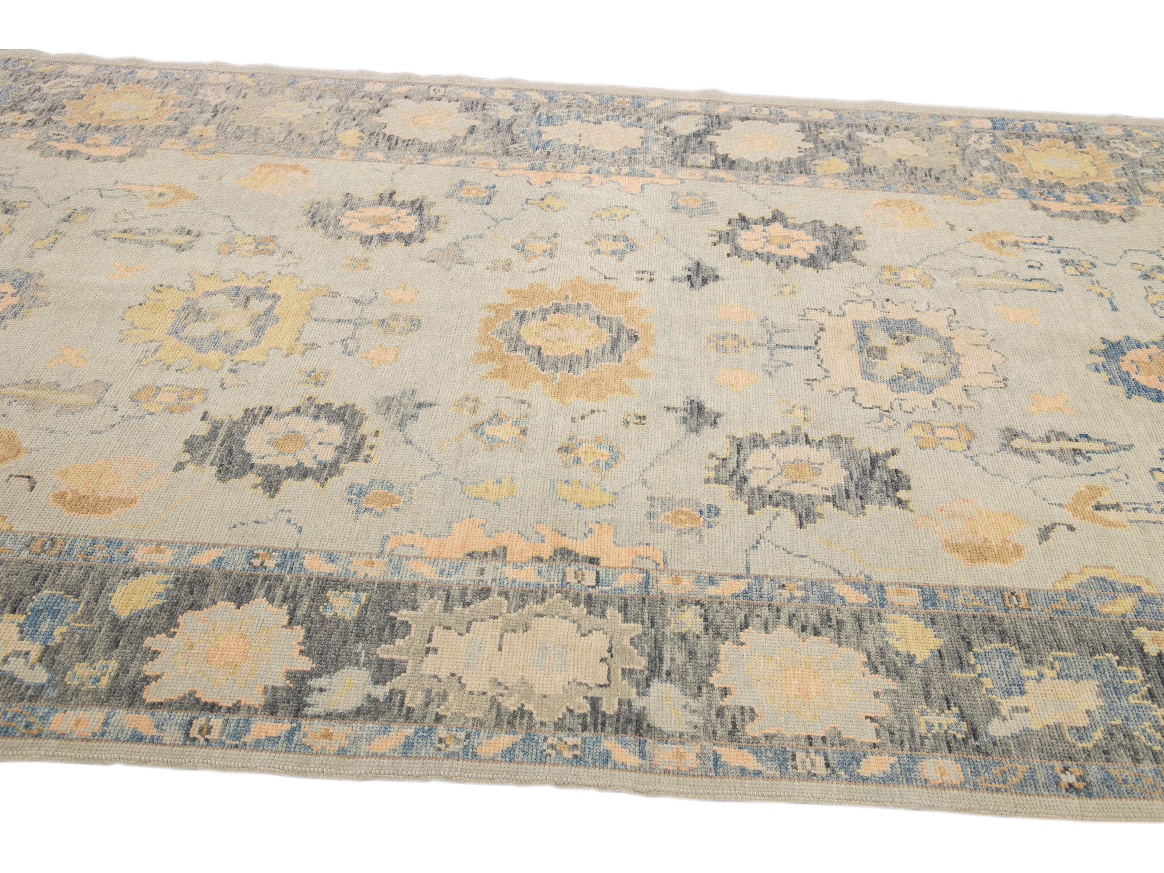 Long Modern Gray Turkish Oushak Handmade Floral Gallery Wool Runner
