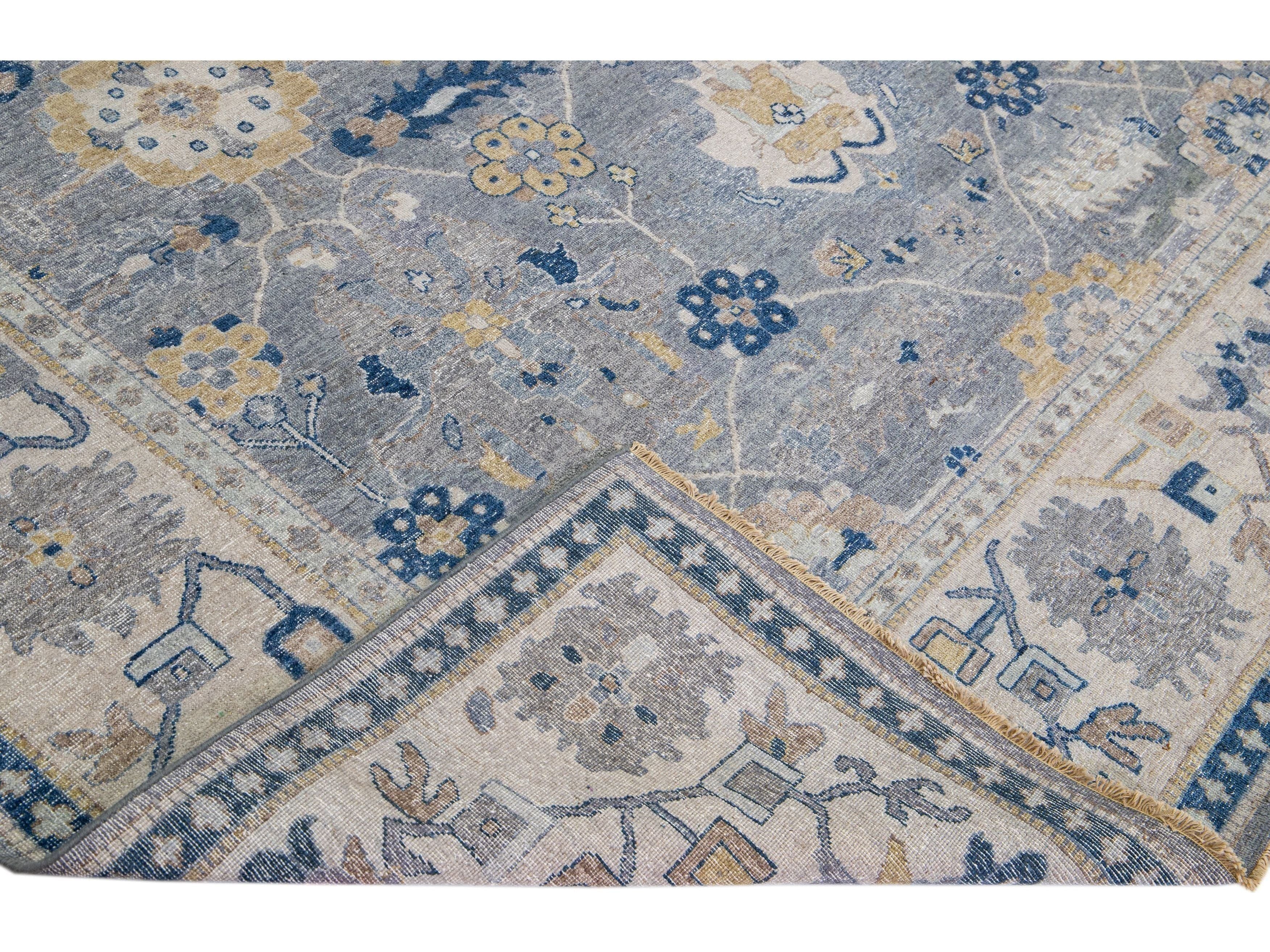 Apadana's Artisan Collection Handmade Floral Designed Gray Wool Rug