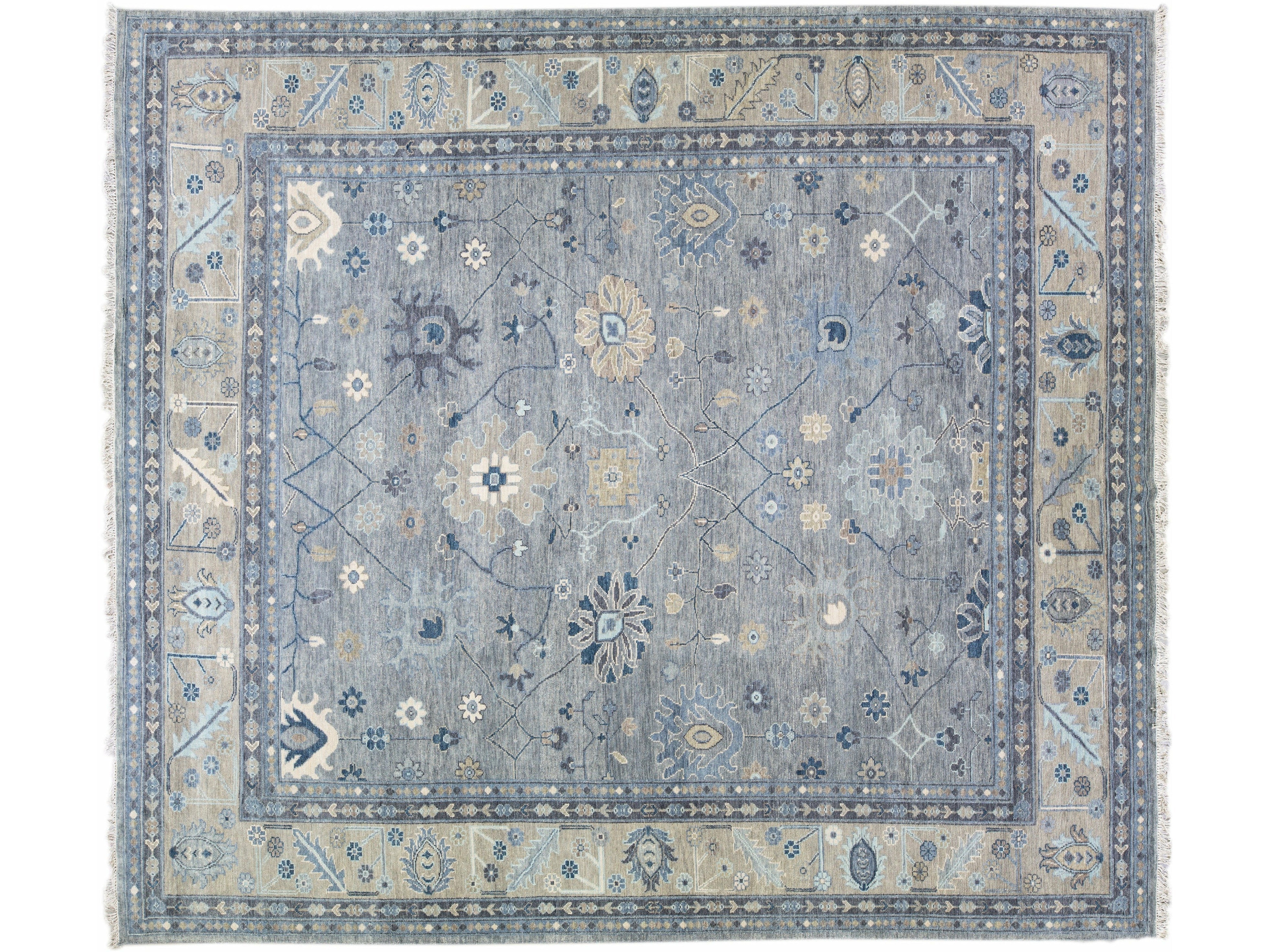 Modern Gray and Beige Oushak Handmade Floral Motif Oversize Wool Rug