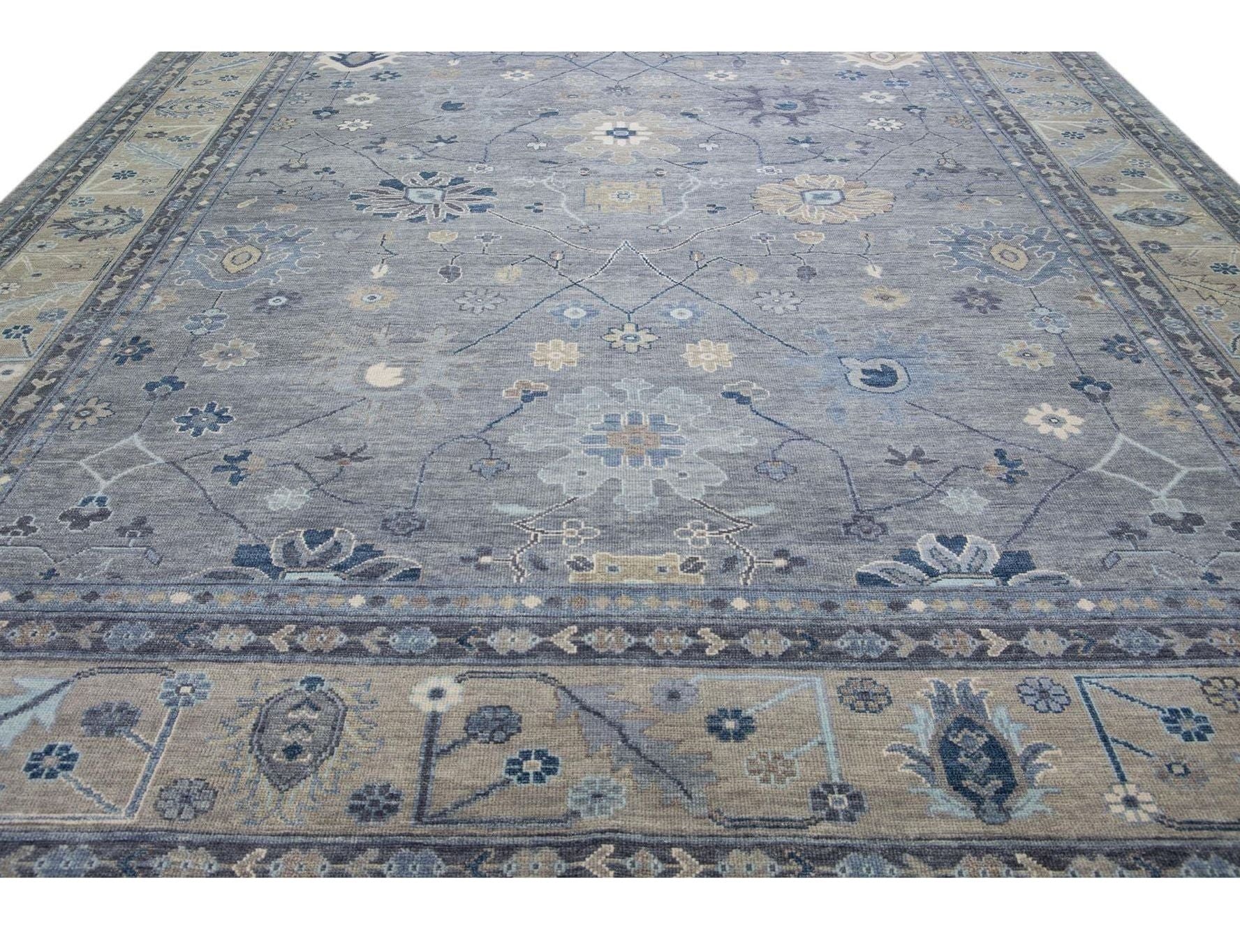 Modern Gray and Beige Oushak Handmade Floral Motif Oversize Wool Rug