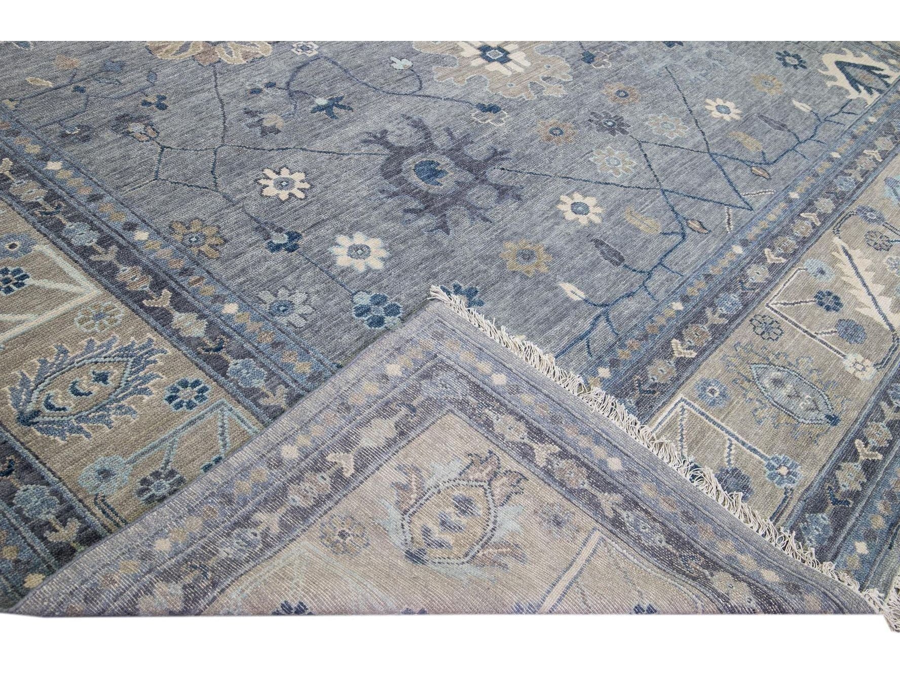 Modern Gray and Beige Oushak Handmade Floral Motif Oversize Wool Rug