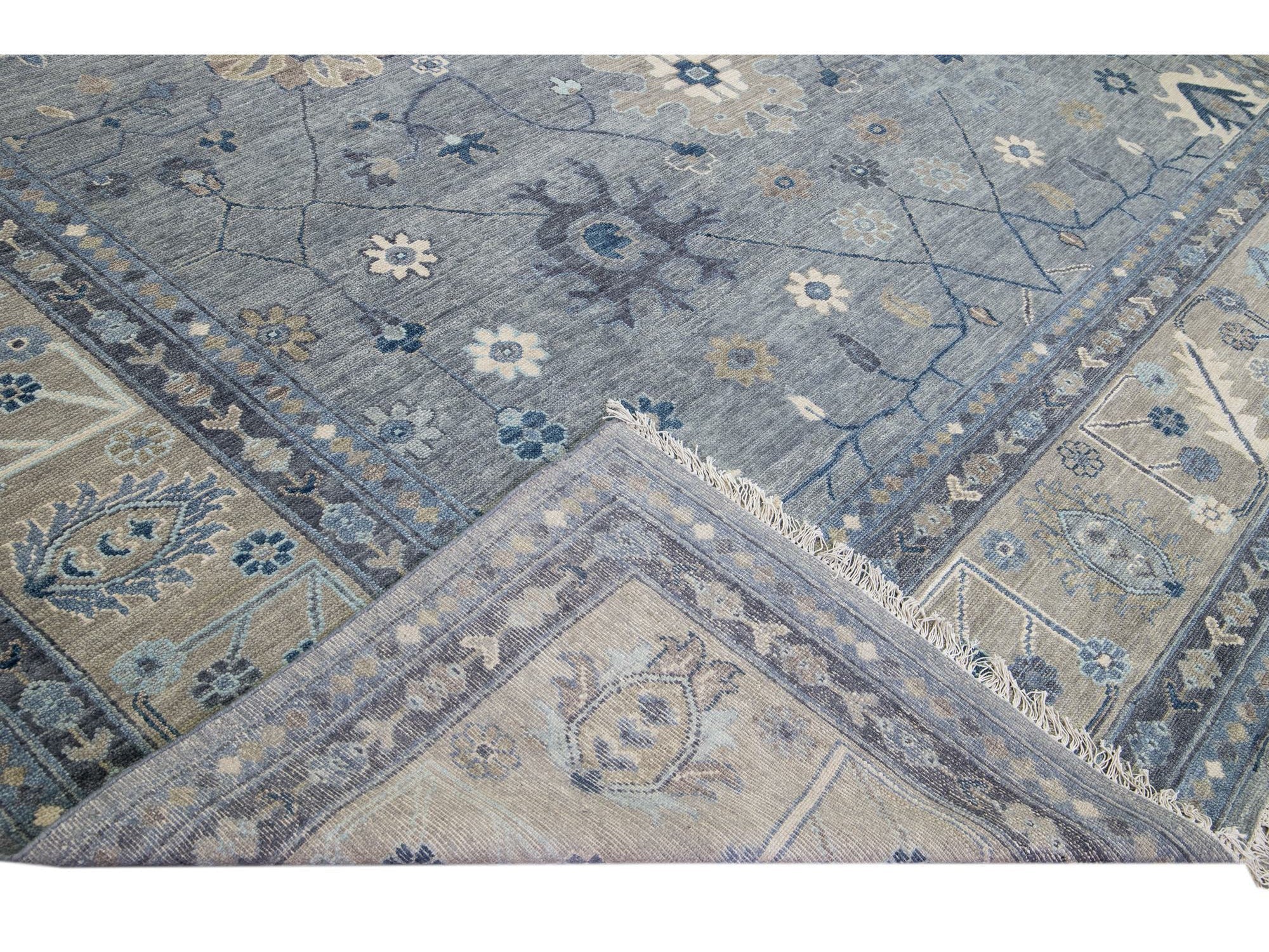Modern Gray and Beige Oushak Handmade Floral Motif Oversize Wool Rug