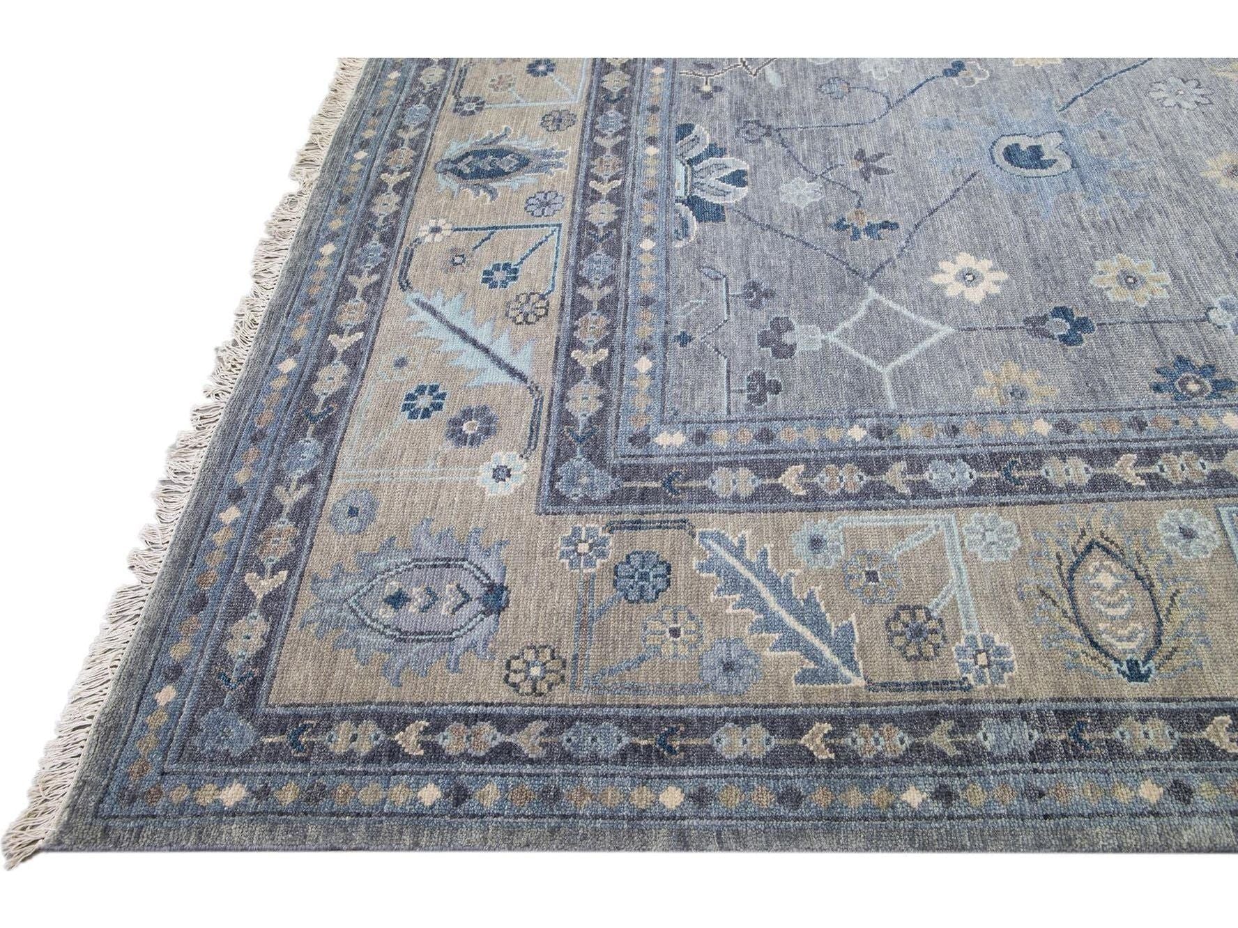 Modern Gray and Beige Oushak Handmade Floral Motif Oversize Wool Rug