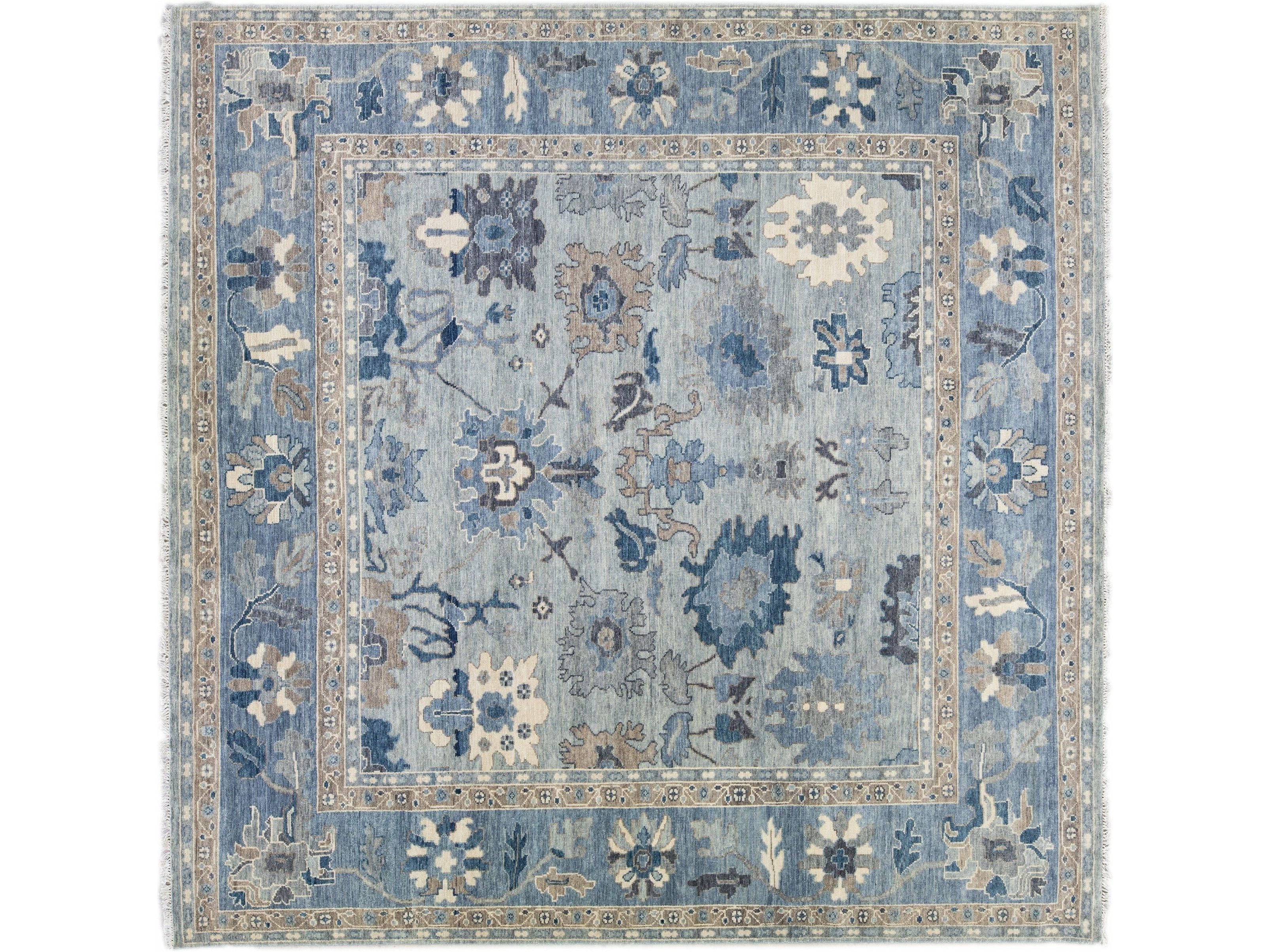 Modern Silver And Blue Oushak style Handmade Floral Motif Square Wool Rug